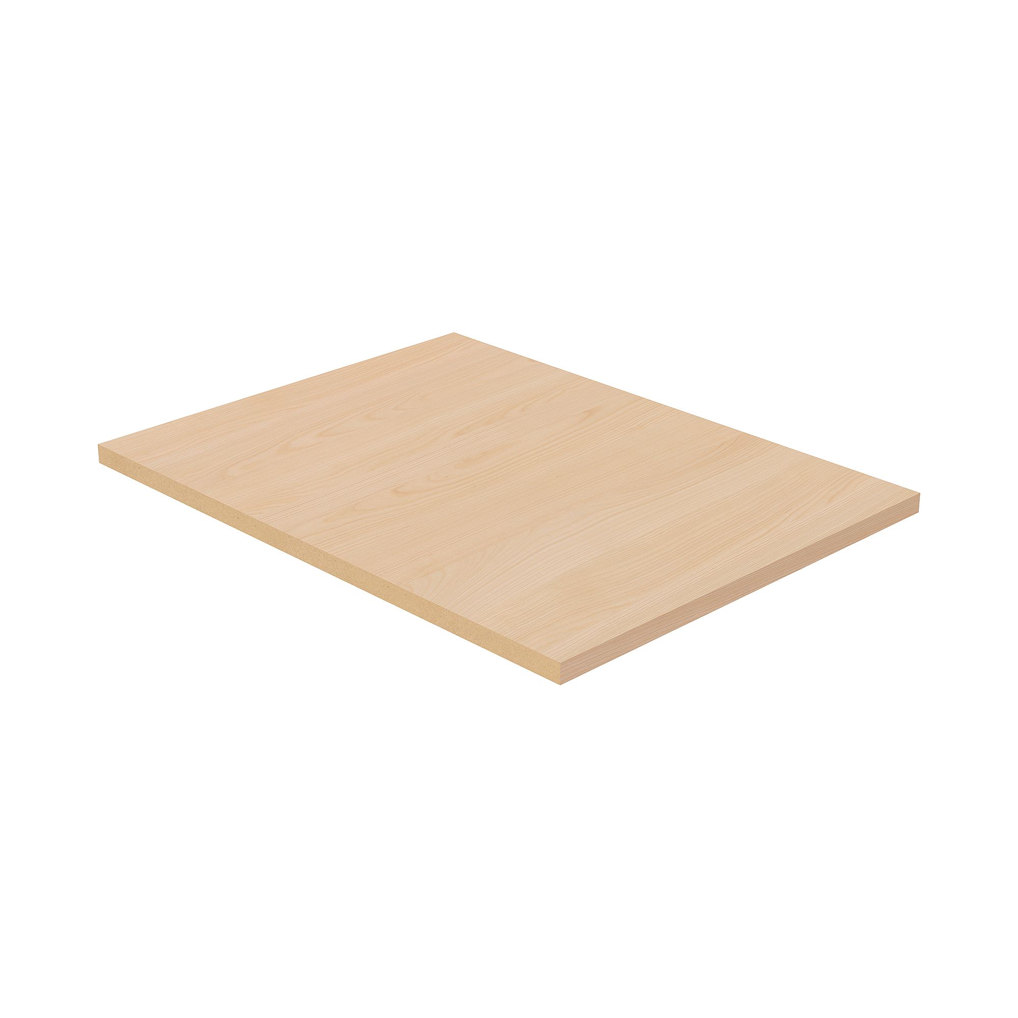 Einlegeboden Fiene für das Wäschefach im Drehtürenschrank Fiene Rechteckige Tafel aus hellem Holz auf weißem Hintergrund.