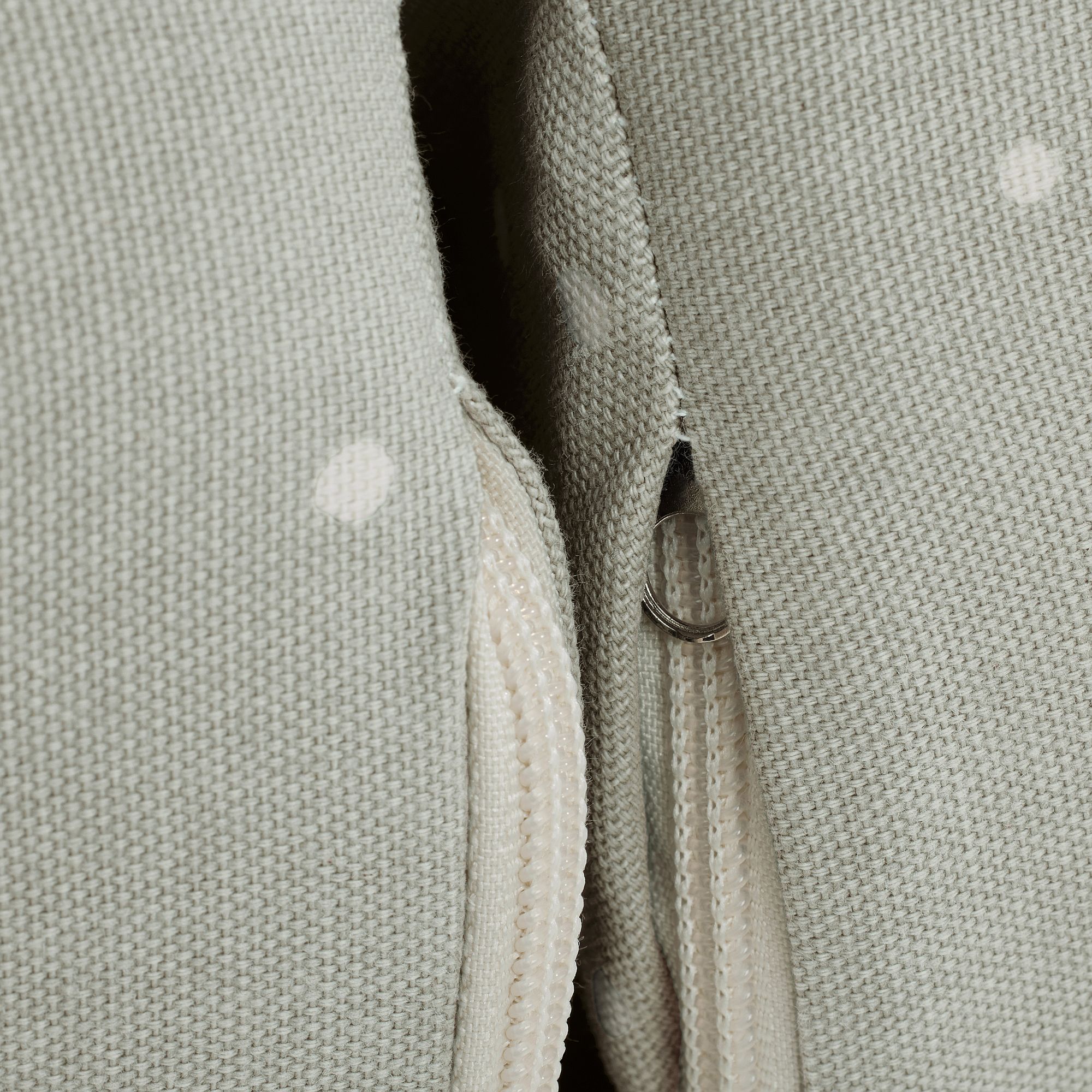 Nahaufnahme eines blassgrünen Stoffes mit weißen Punkten und einem teilweise geöffneten Reißverschluss.