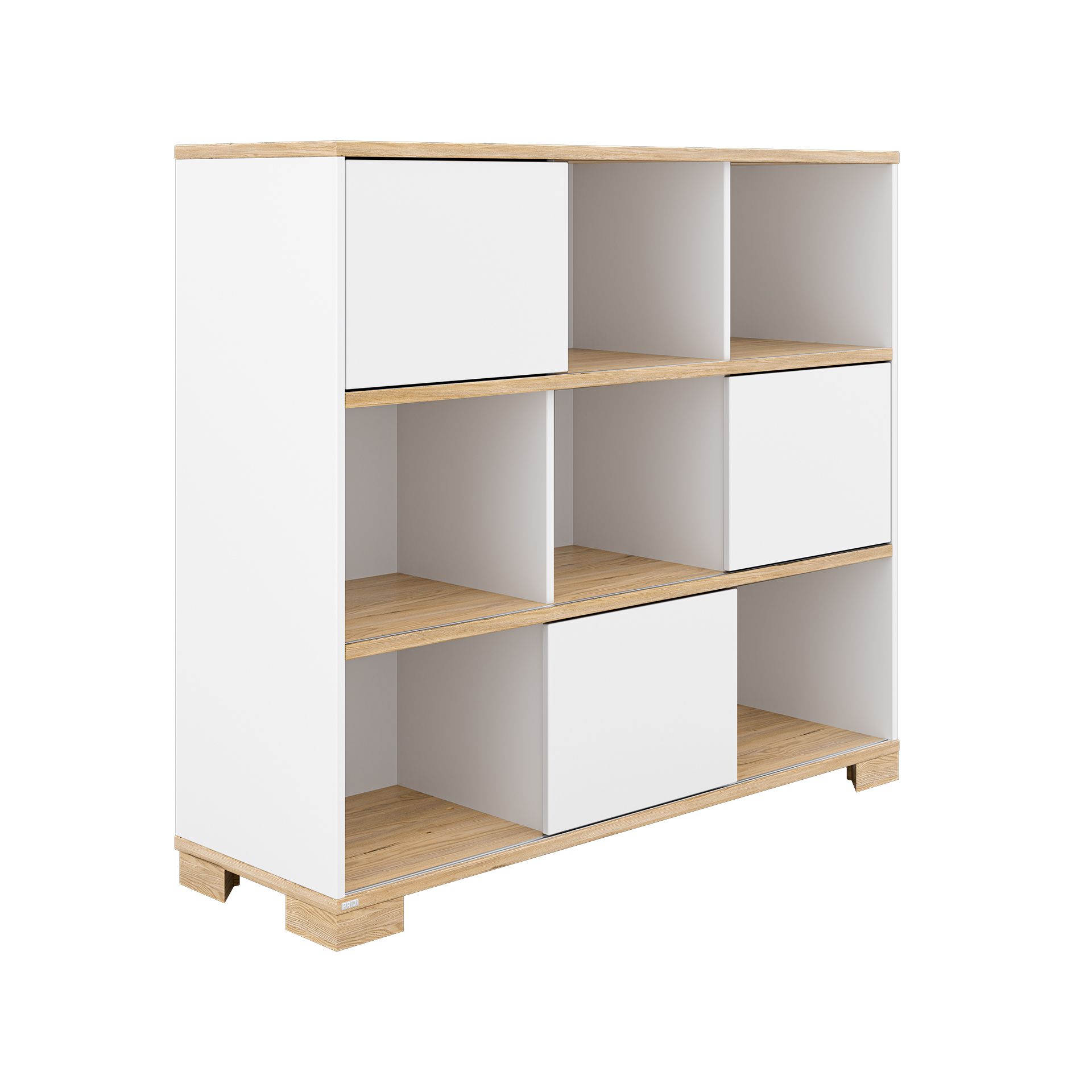 White and wood shelving unit with open shelves and closed drawers.