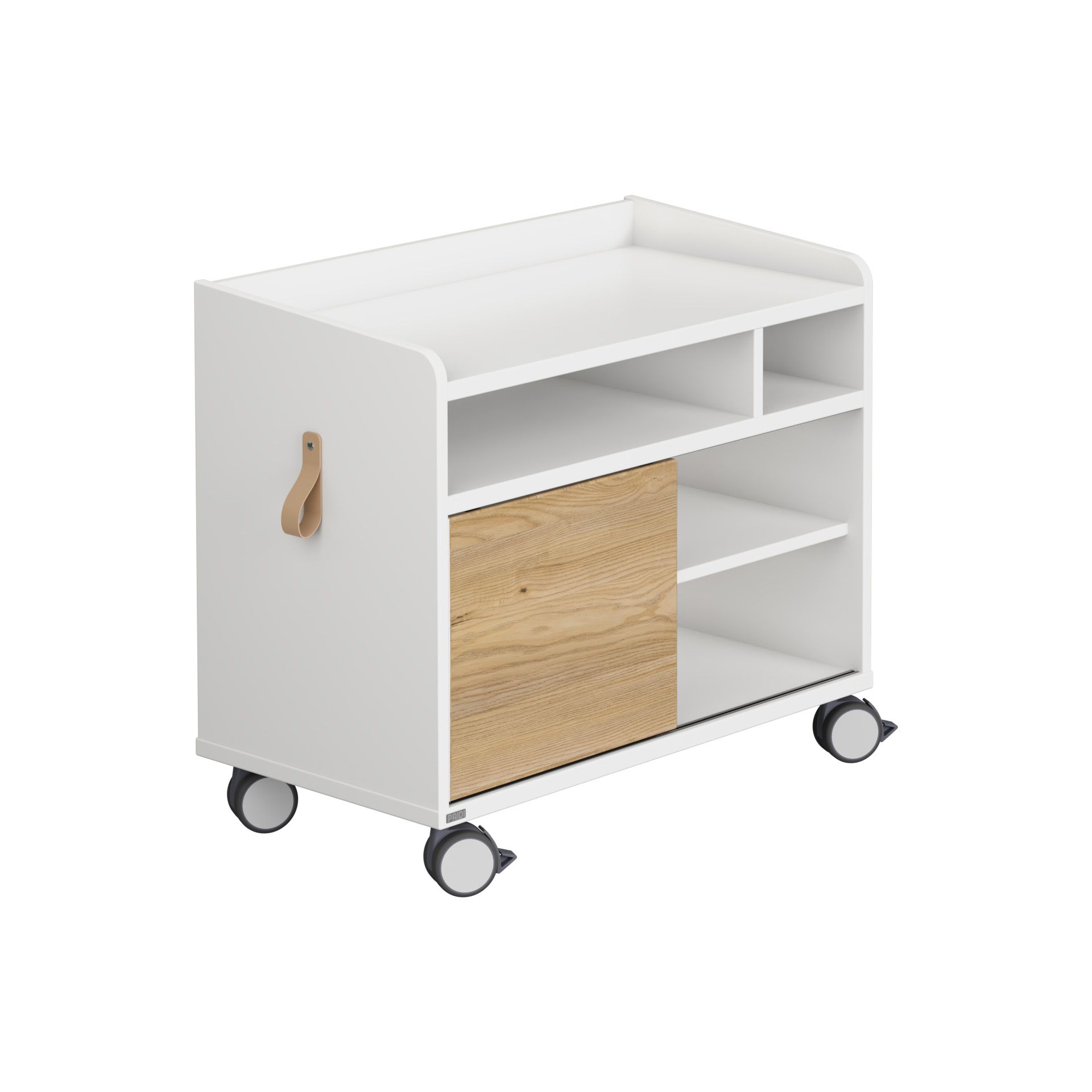 White rolling storage cart with shelves, a wooden door, and a side handle.