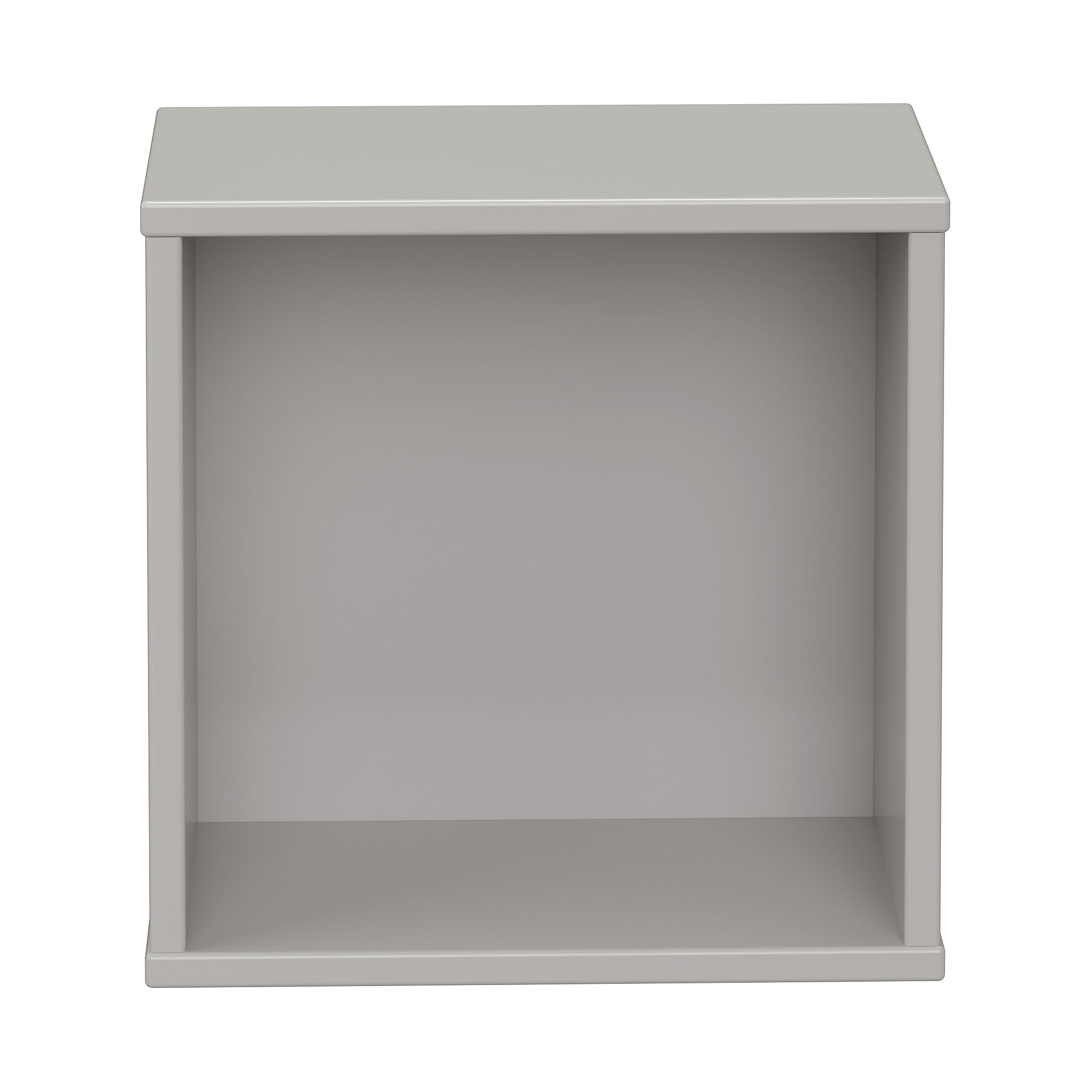 A plain, empty, gray rectangular shelf unit viewed from the front.