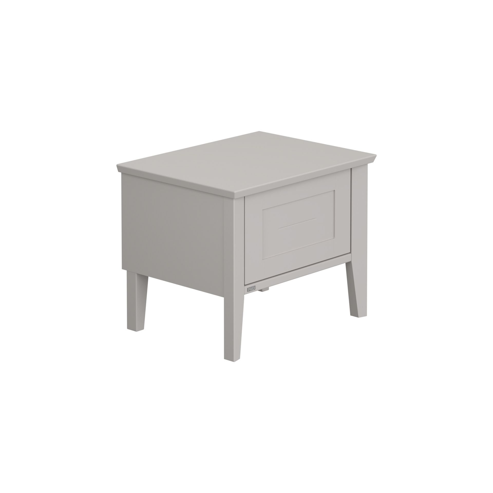 Light gray wooden side table with panel detail and short legs on a white background.