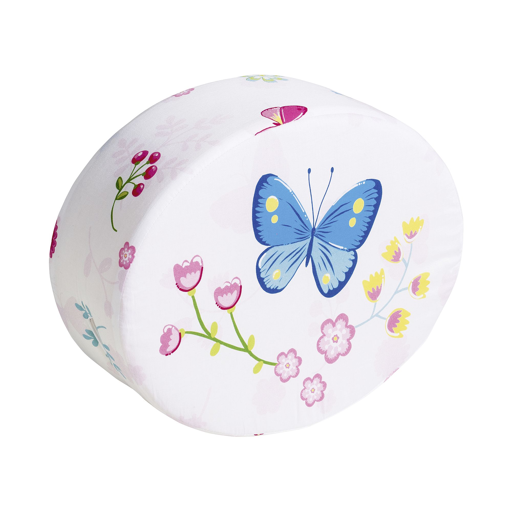 Steckkissen Baumwolle, Motiv "Schmetterling", 35 x 28 x 12 cm, Schmetterlingpaar Oval white pillow with colorful butterfly and flower illustrations.