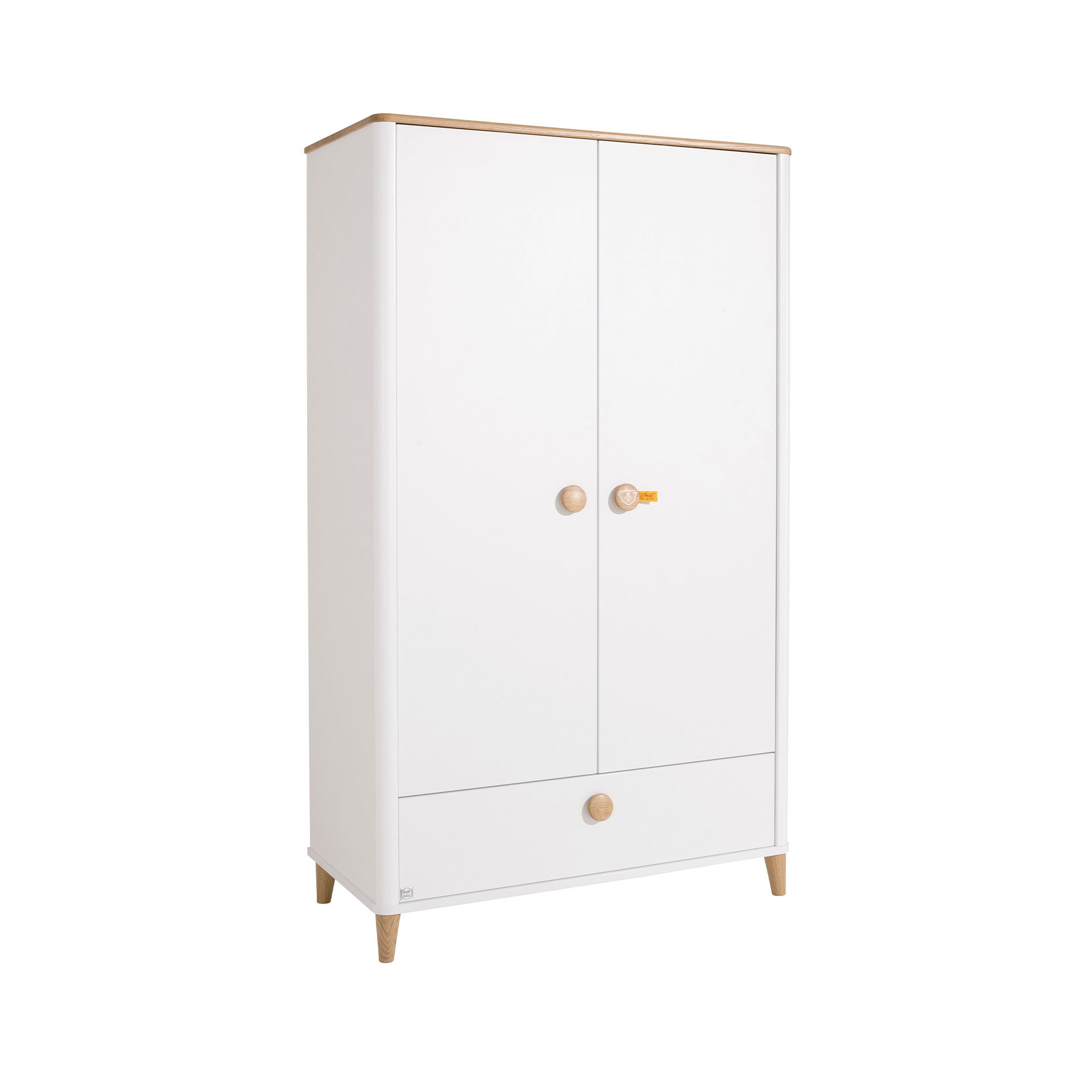 Drehtürenschrank Lotte & Fynn - Steiff by PAIDI 2 Türen, 1 Schublade White wardrobe with wooden legs, round handles, and a bottom drawer.