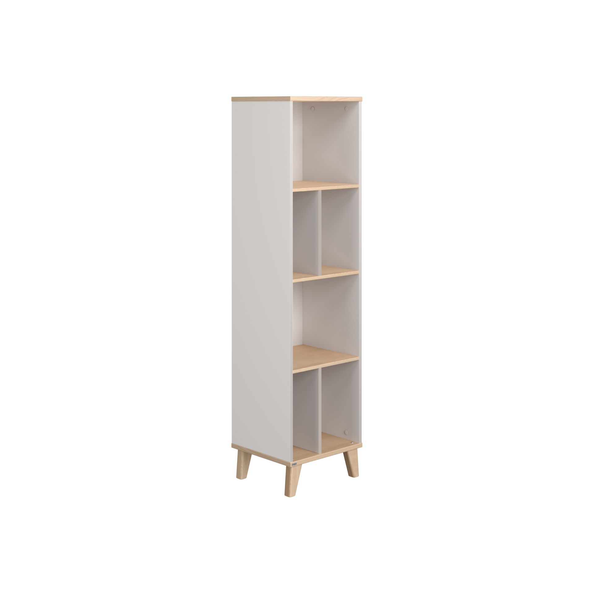 Tall, narrow white shelving unit with wooden shelves and four short wooden legs.