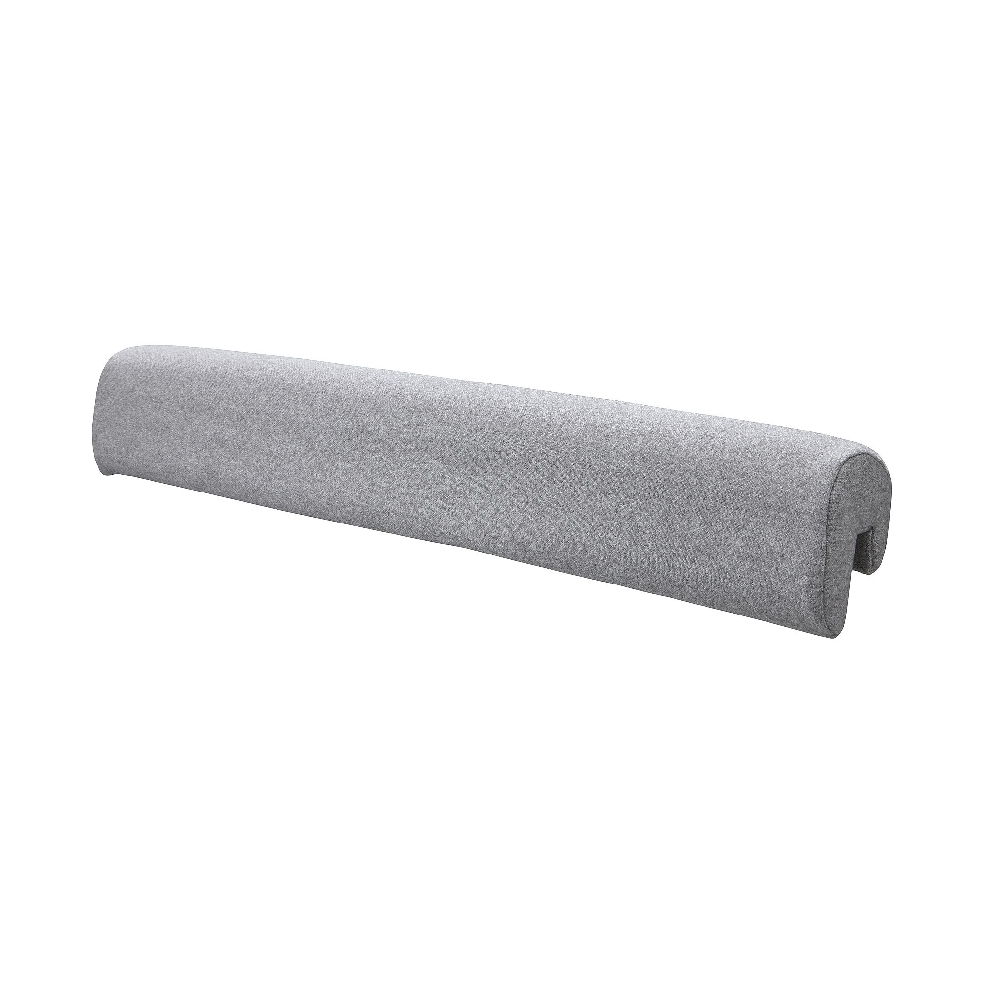 A long, gray, cylindrical fabric draft stopper with a notch on one end.