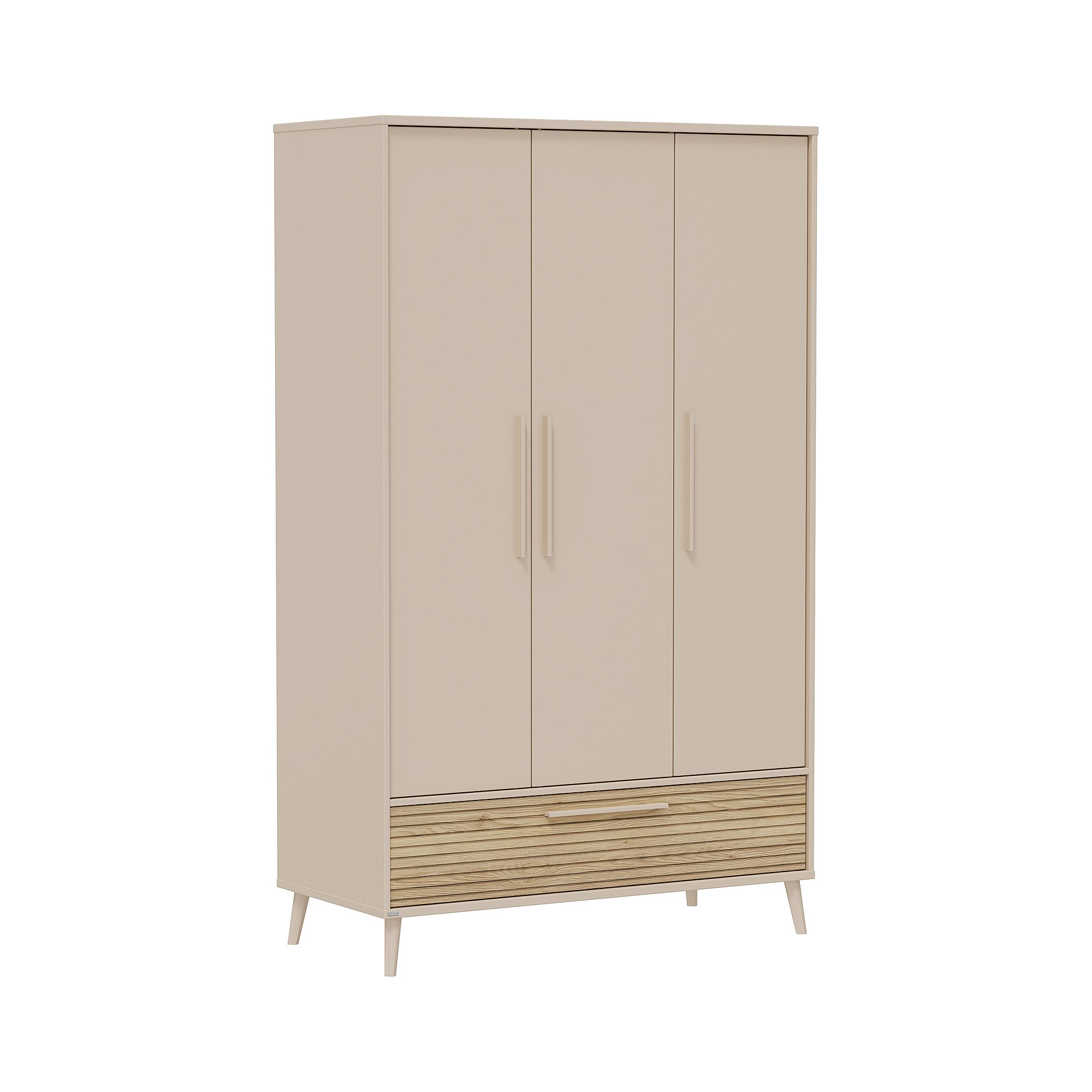Beigefarbener dreitüriger Kleiderschrank mit einer unteren Holzschublade auf kurzen Beinen.