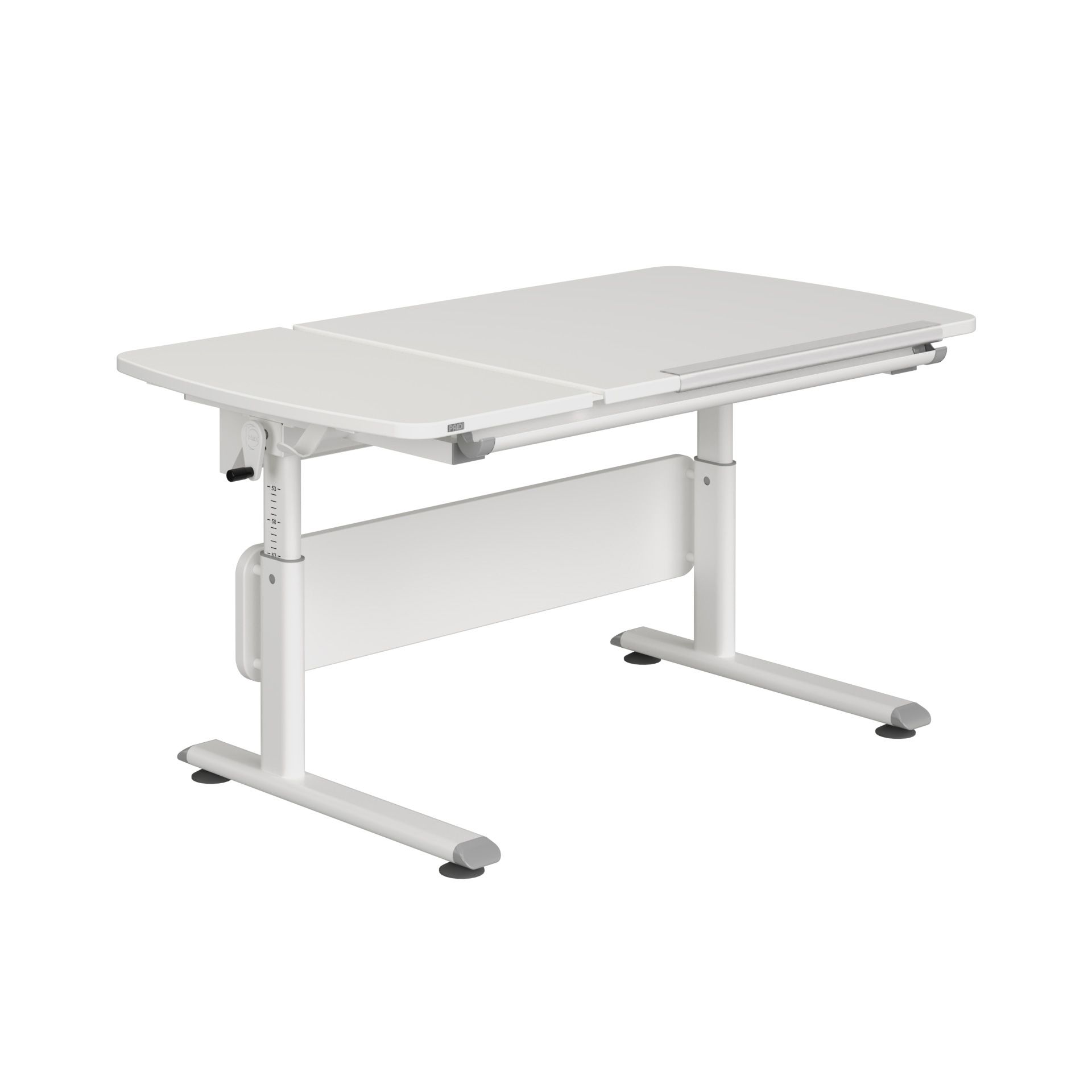 Schülerschreibtisch Diego GT Curved 130 x 70 cm, Kreideweiß White adjustable-height desk with a split tabletop and sturdy metal legs.