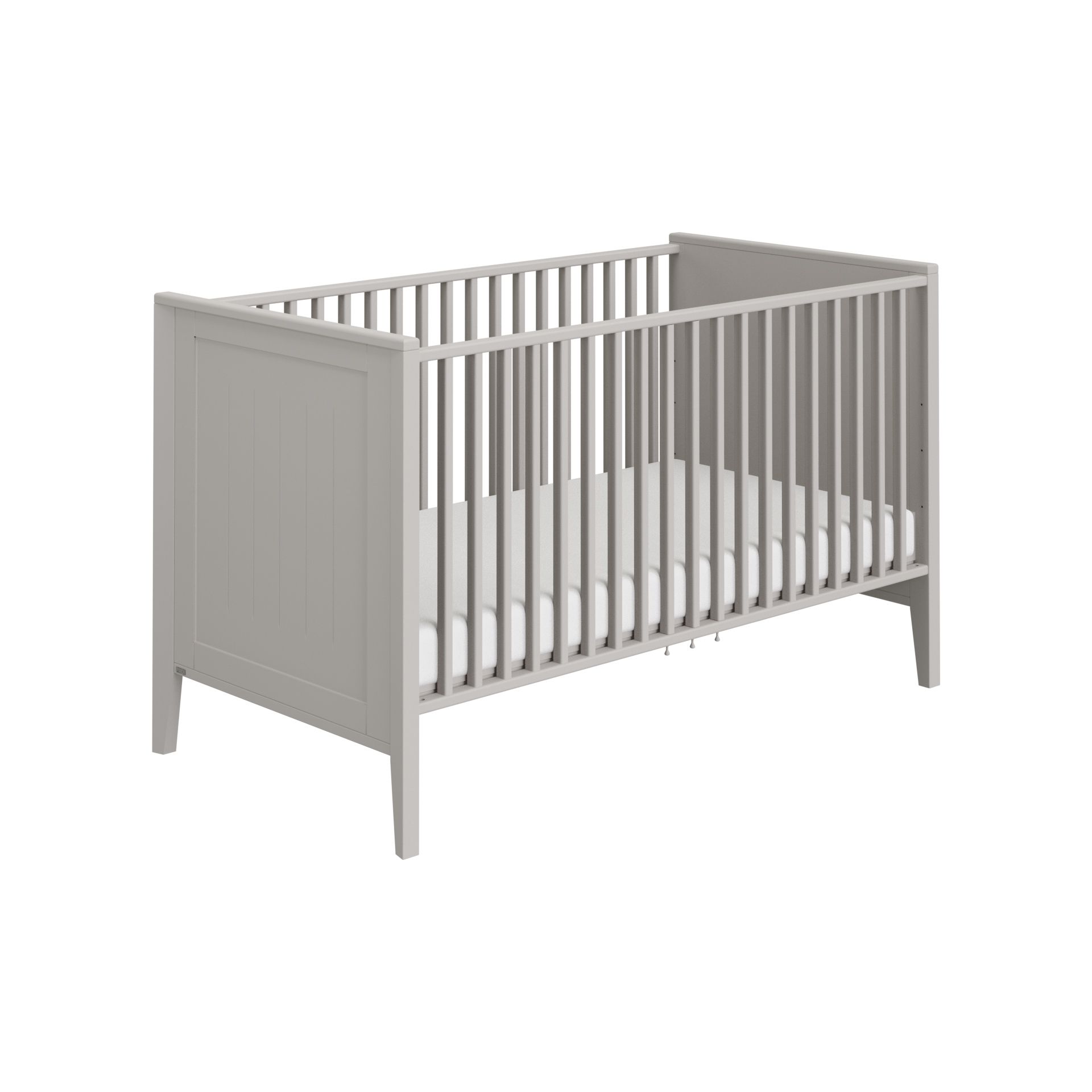 Gray wooden baby crib with slatted sides and a white mattress, on a white background.