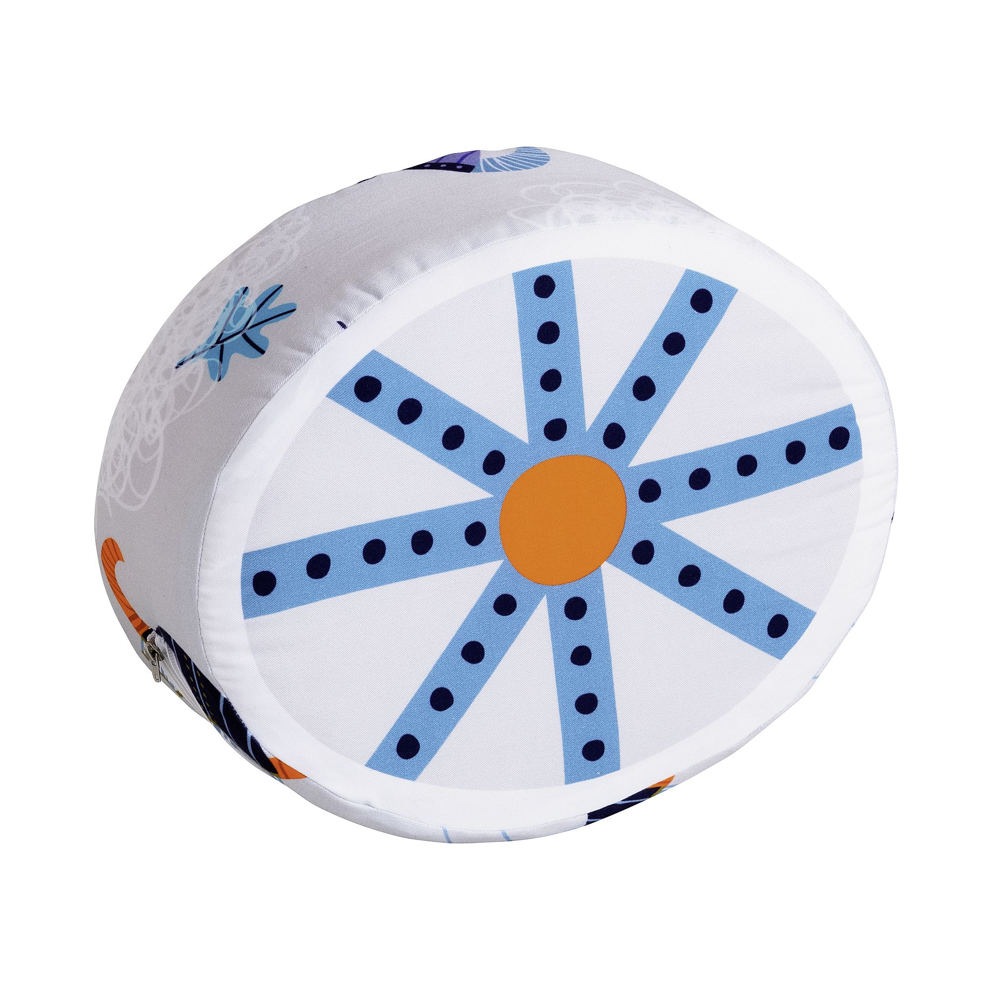 Steckkissen Baumwolle, Motiv "Wikinger", 35 x 28 x 12 cm, Wikinger Round cushion with blue and orange geometric starburst pattern on white fabric.
