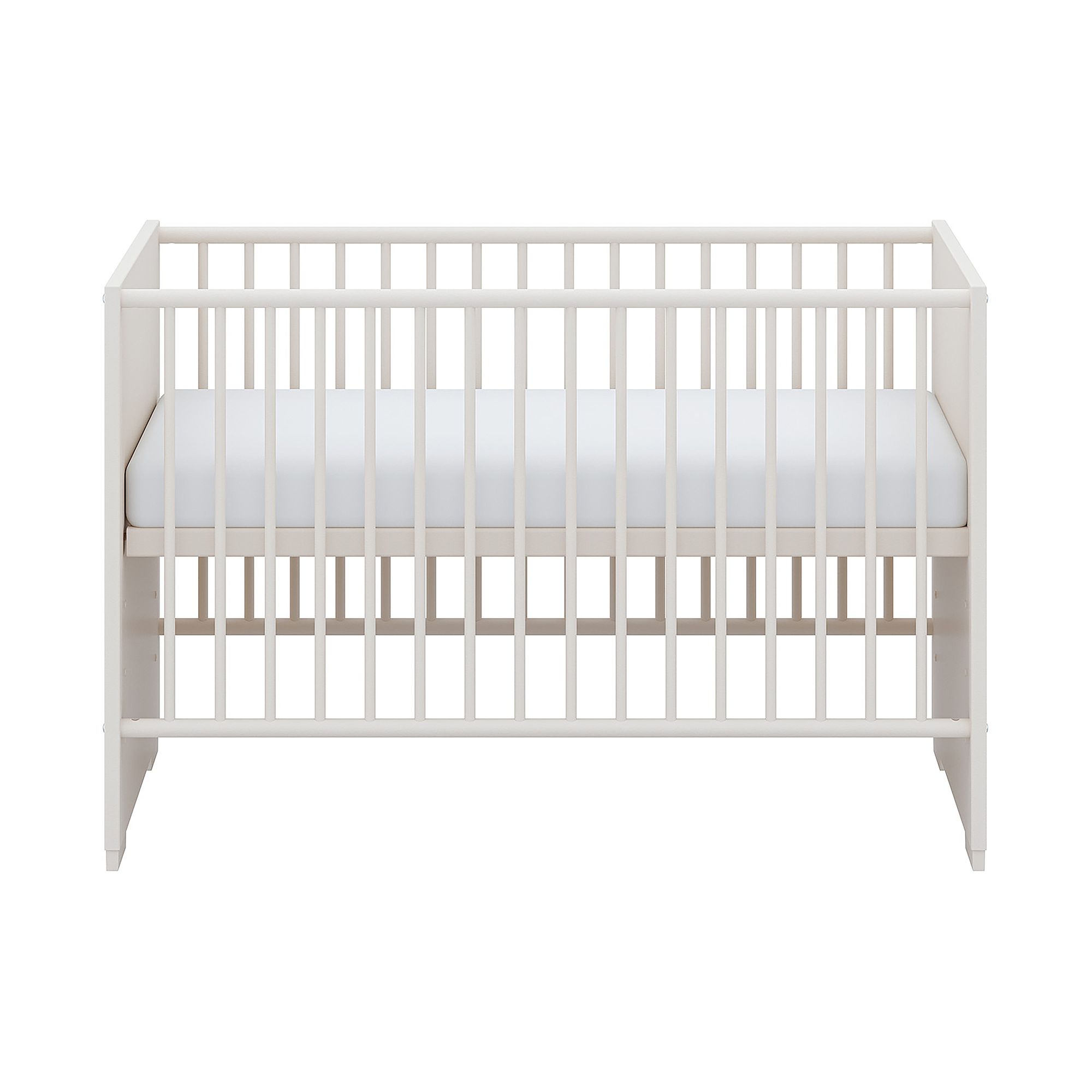 White wooden baby crib with vertical slats and a white mattress, front view.
