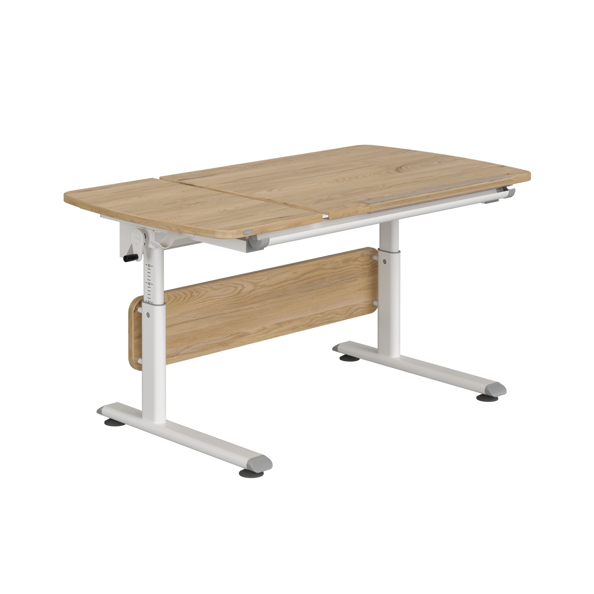 Schülerschreibtisch Diego GT Curved 130 x 70 cm, Eiche-Montana Height-adjustable wooden desk with white metal legs and a light wood finish.