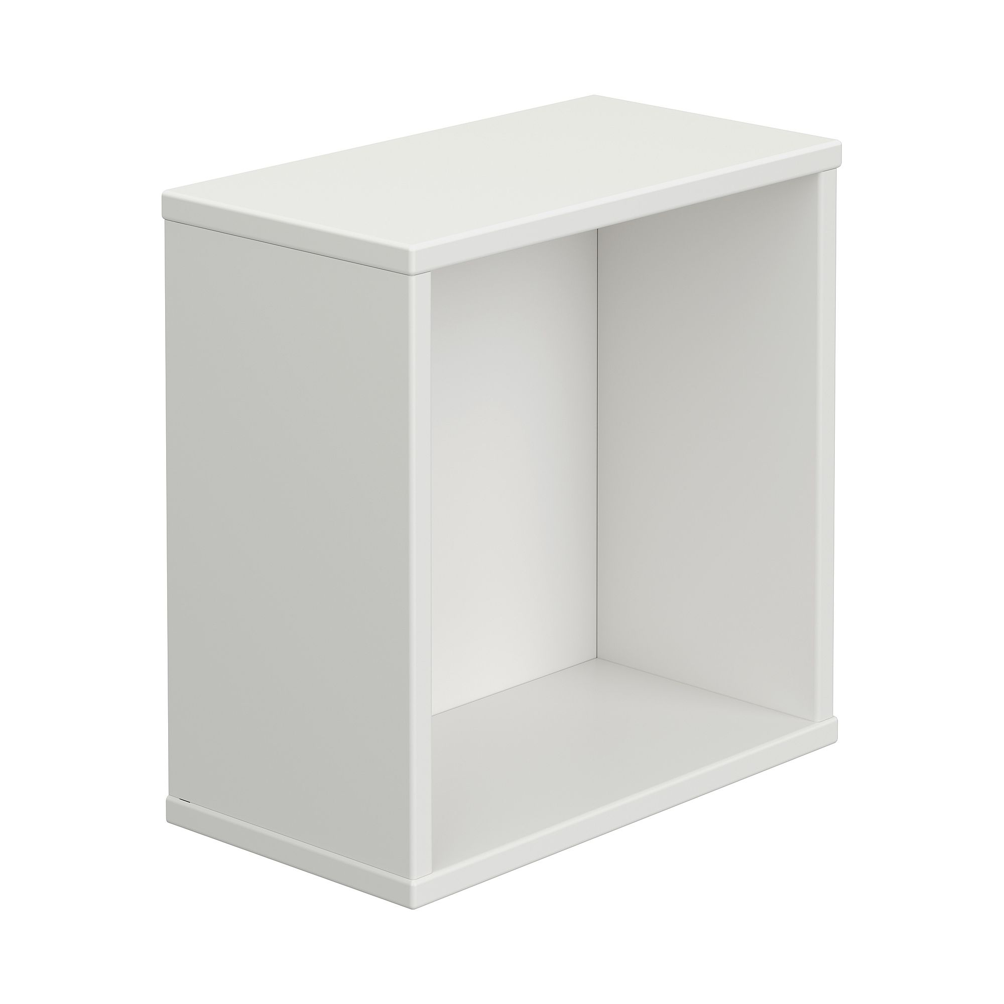 White rectangular open storage cube with no shelves, viewed at an angle.
