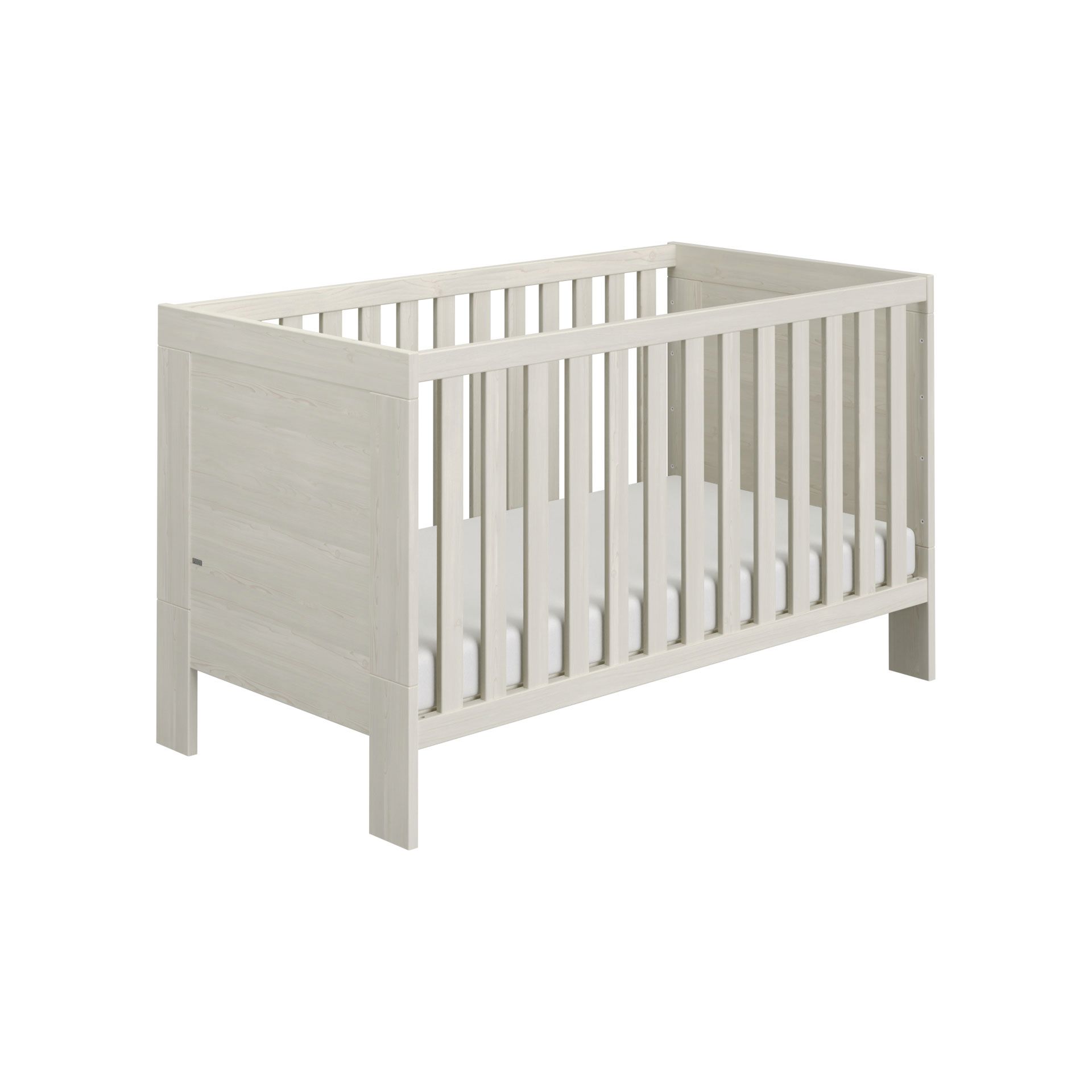 Babybett Laslo 70 x 140 cm Babybett aus hellem Holz mit weißer Matratze, abgebildet auf einem schlichten weißen Hintergrund.