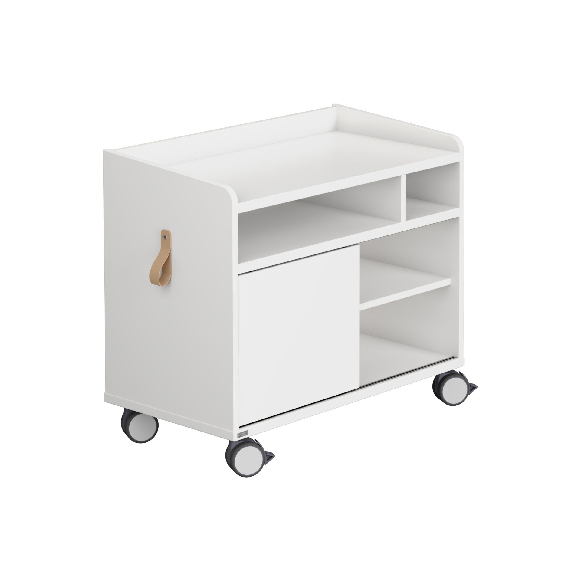 White rolling storage cart with shelves, compartments, and a leather handle.