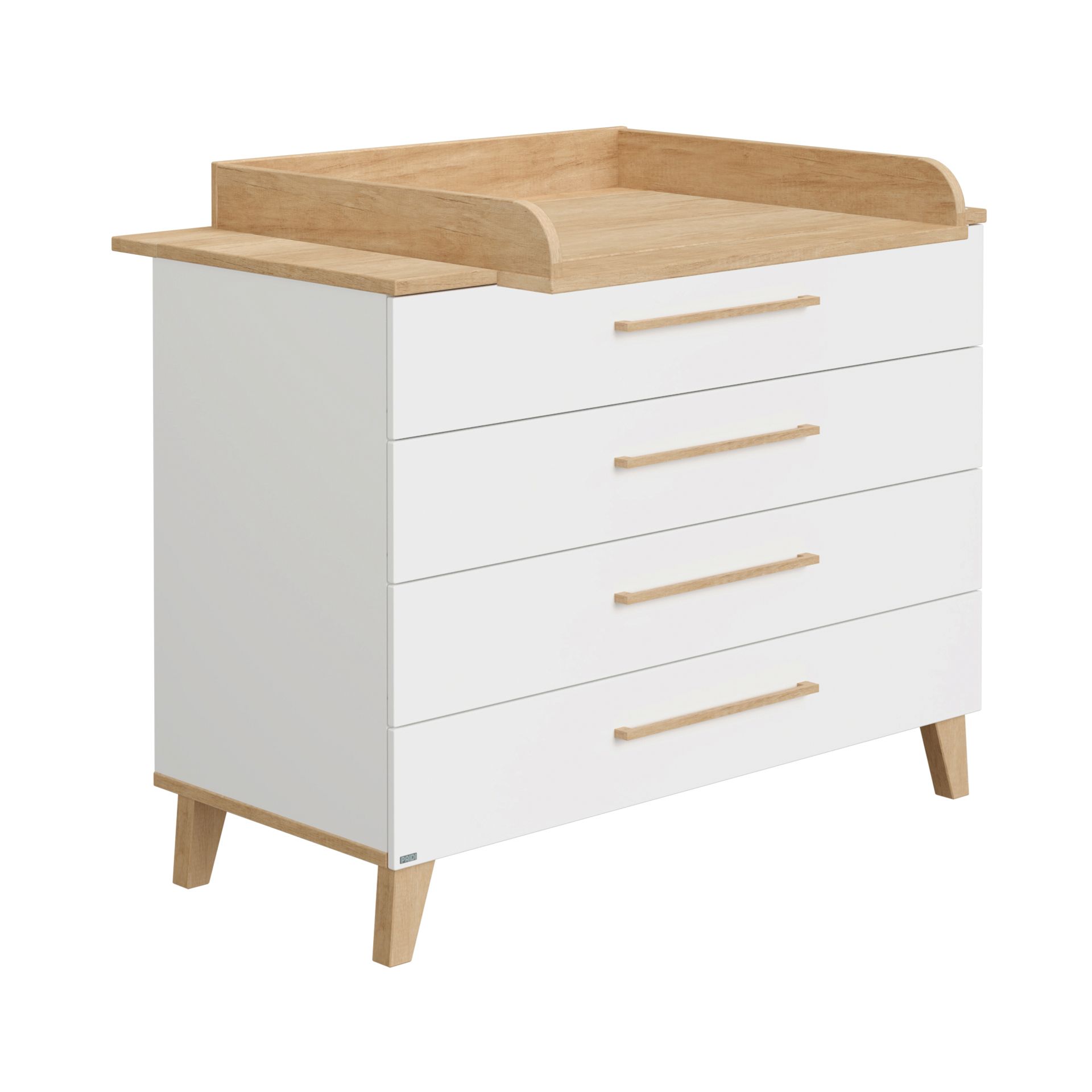 Weiße Kommode mit vier Schubladen und einem Wickeltablett aus Holz darauf.