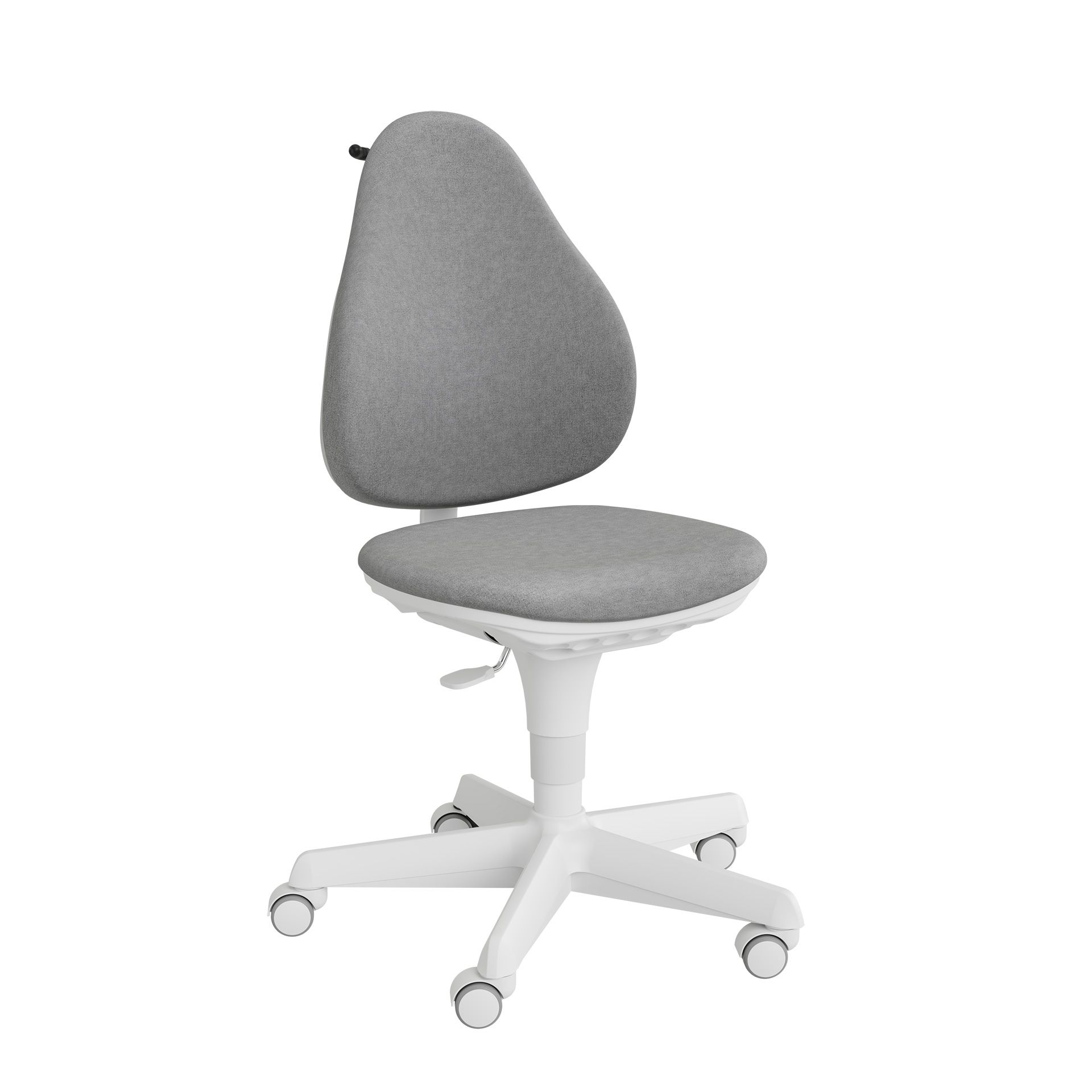 A modern gray office chair with a white base and five caster wheels.