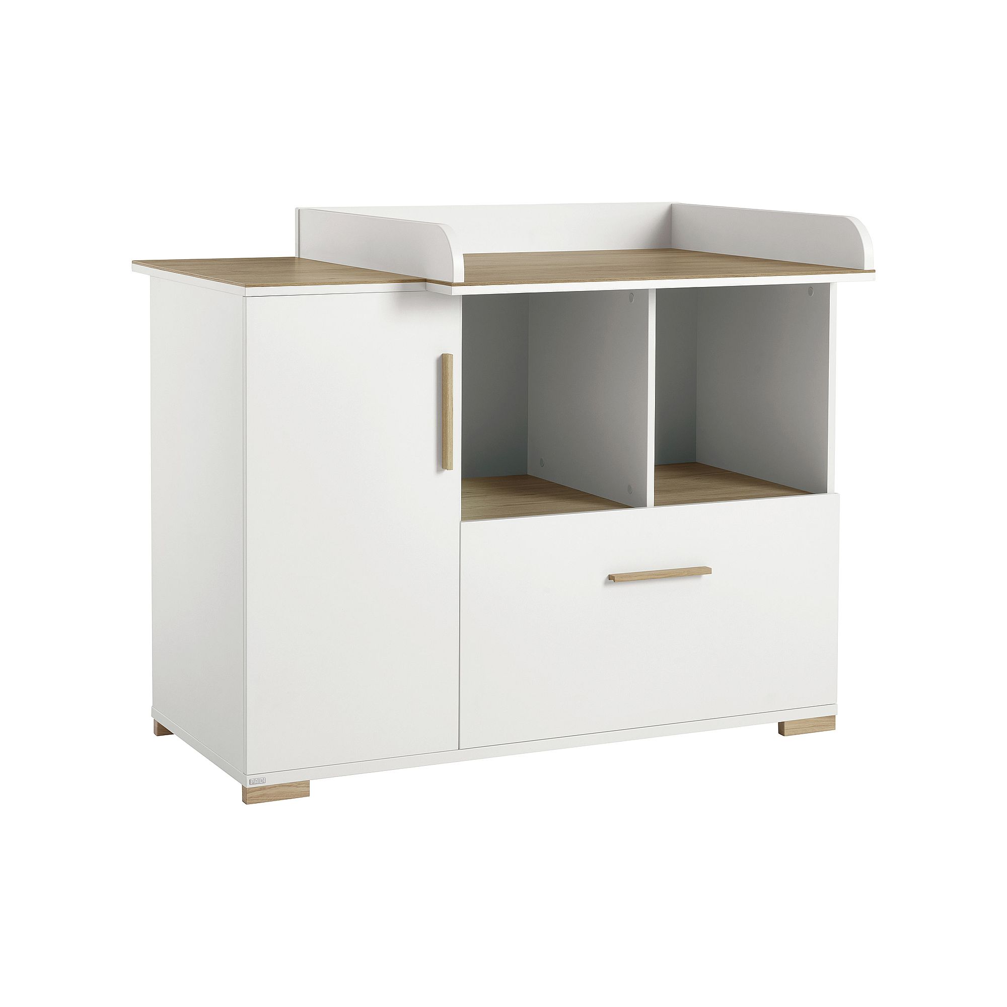Weißer Wickeltisch aus Holz mit Regalen, Schrank und Schublade.