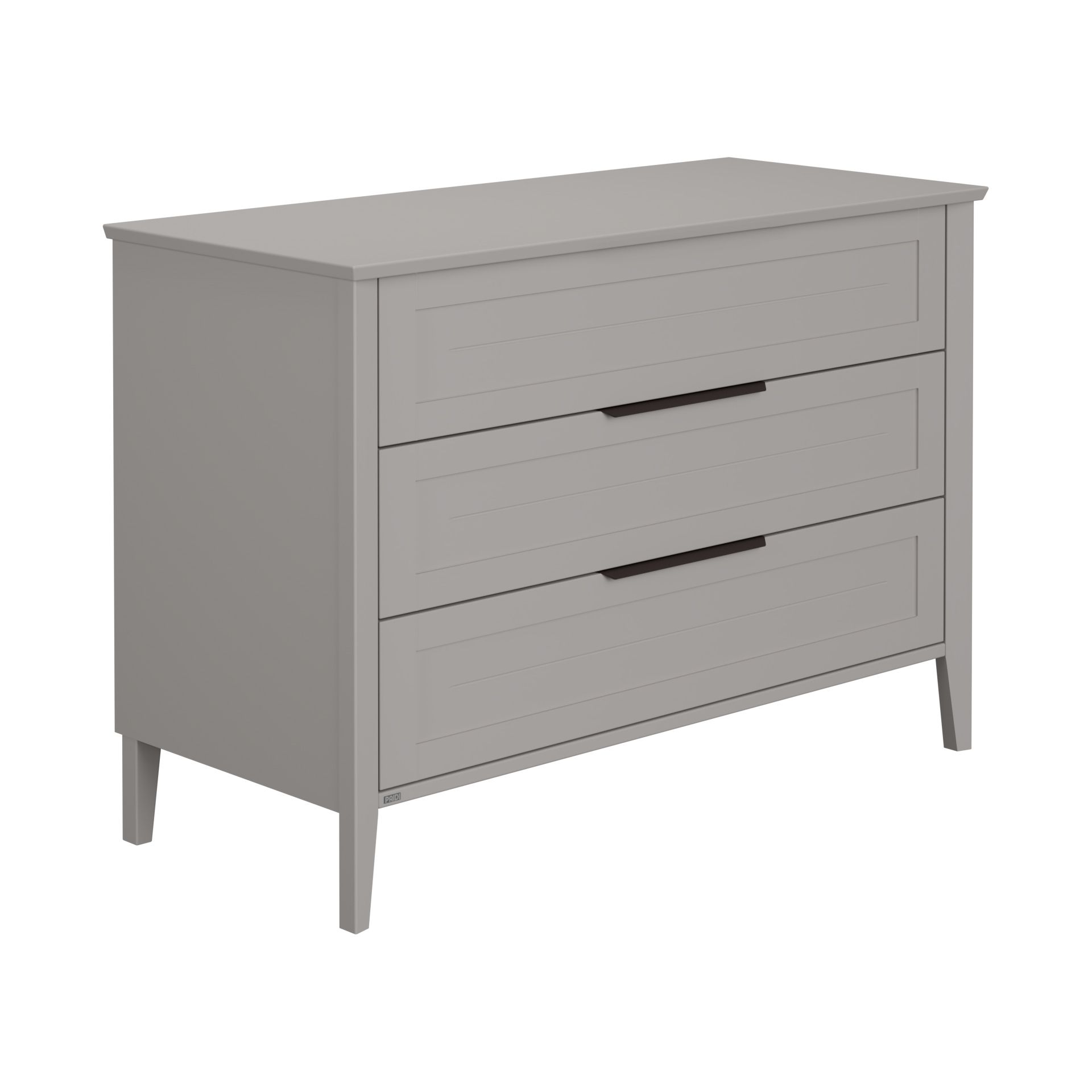 A gray three-drawer dresser with simple, modern design and black handles.