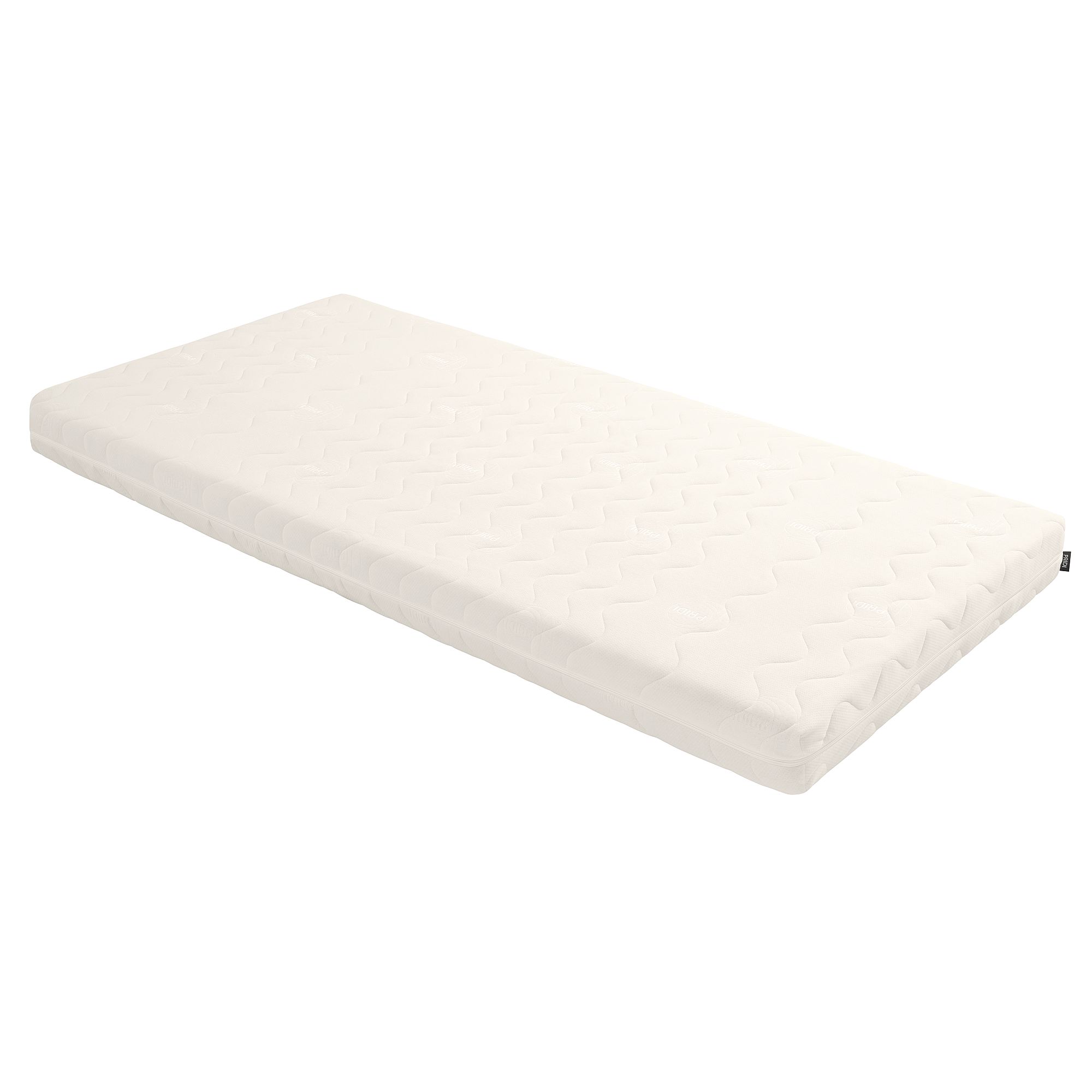 A white, rectangular mattress with a quilted pattern on the surface.