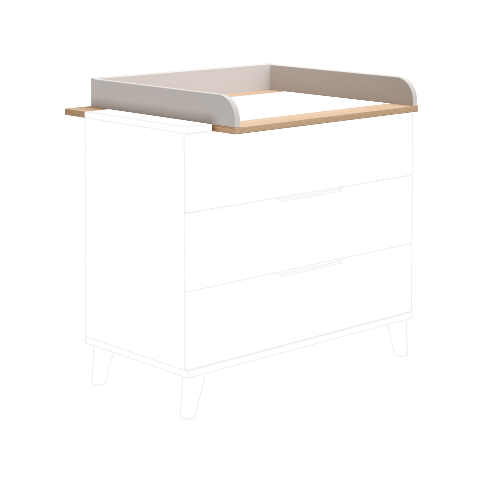 Wood and gray baby changing table topper on a white dresser illustration.