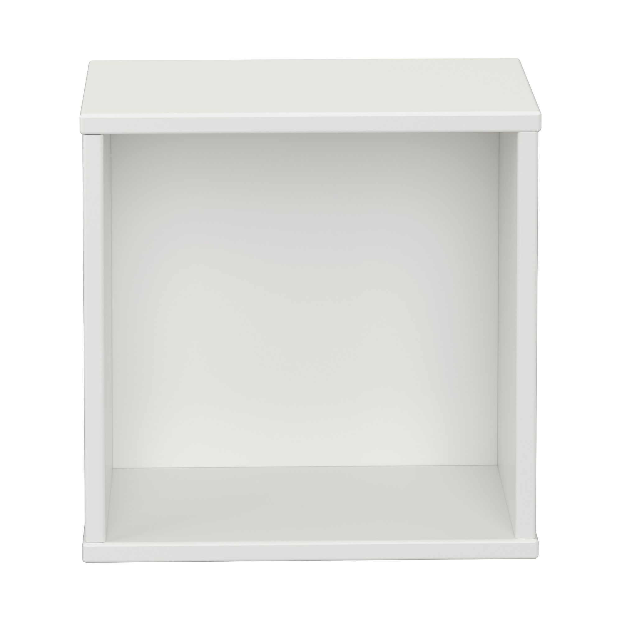 A plain white, open-front, square storage cube shelf against a white background.