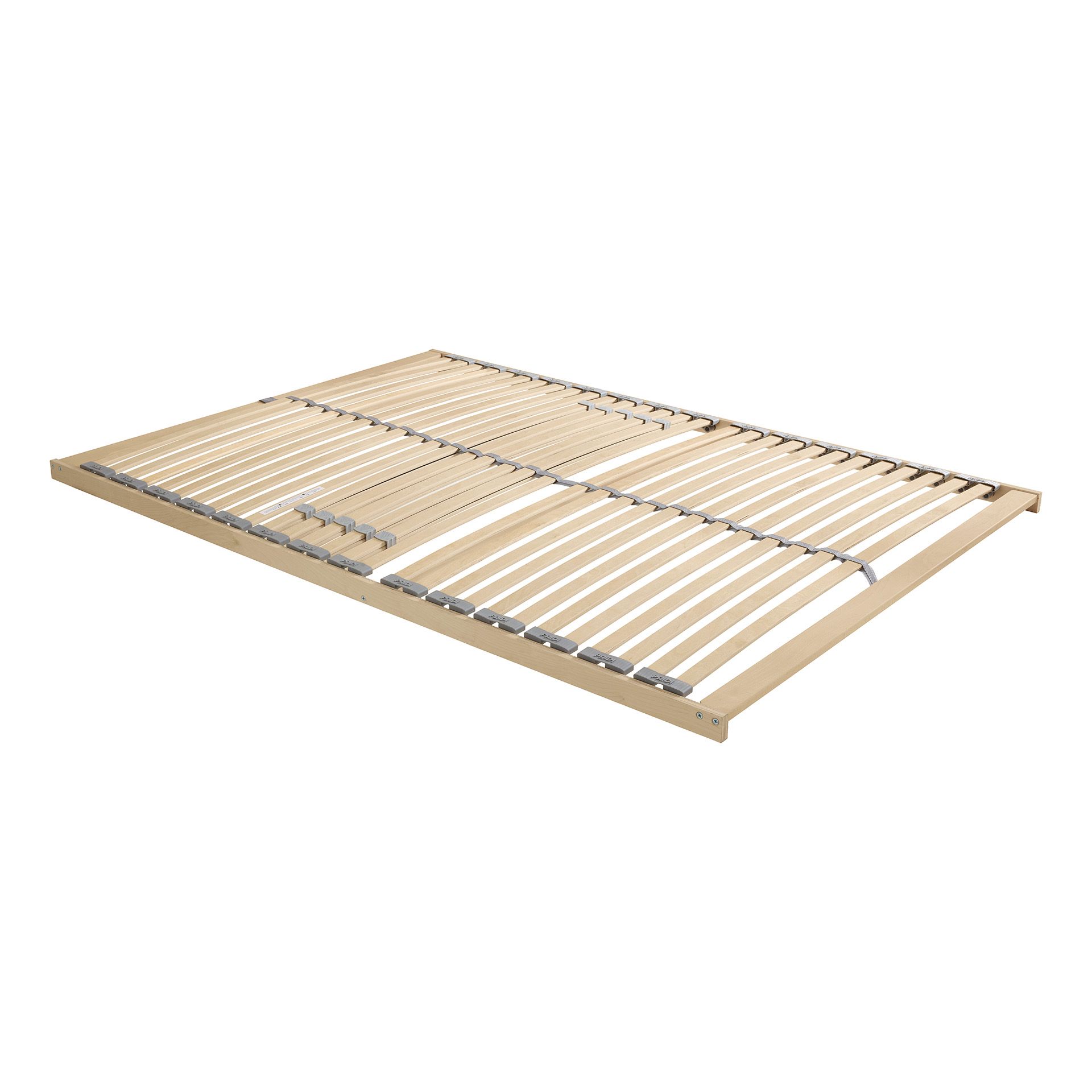 Wooden slatted bed base frame with curved support slats.