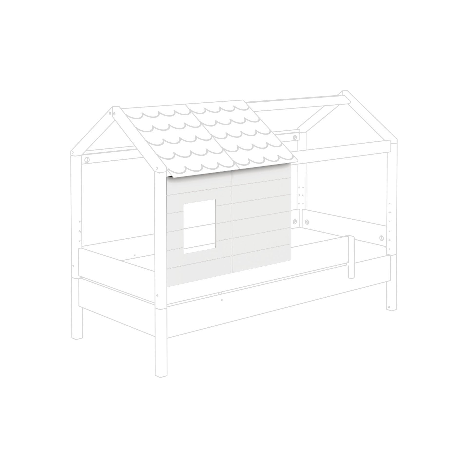 Strichzeichnung eines hausförmigen Bettgestells mit Schindeldach und einem Fenster.