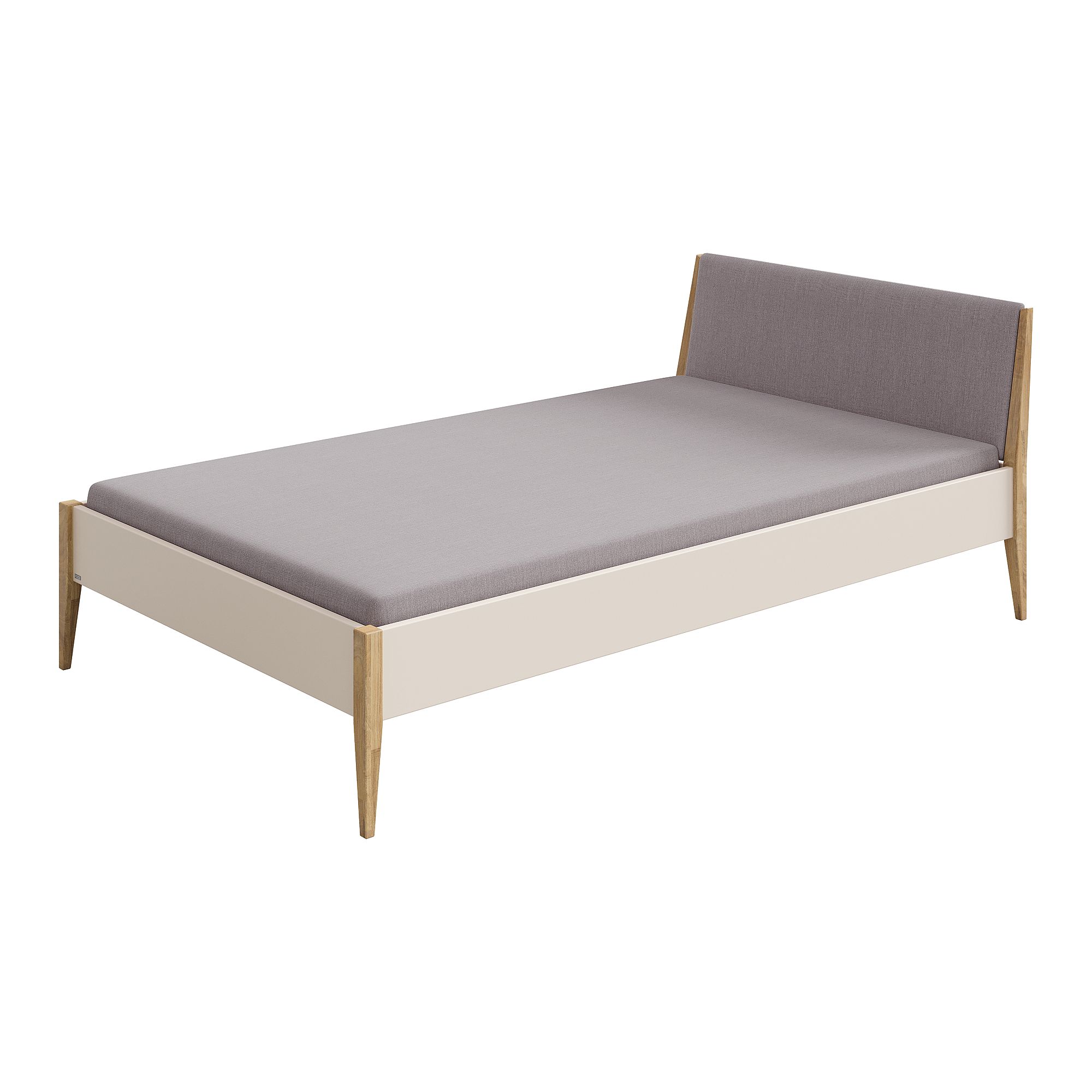 Einzelbett mit hellem Holzrahmen und grauem, gepolstertem Kopfteil und Matratze.