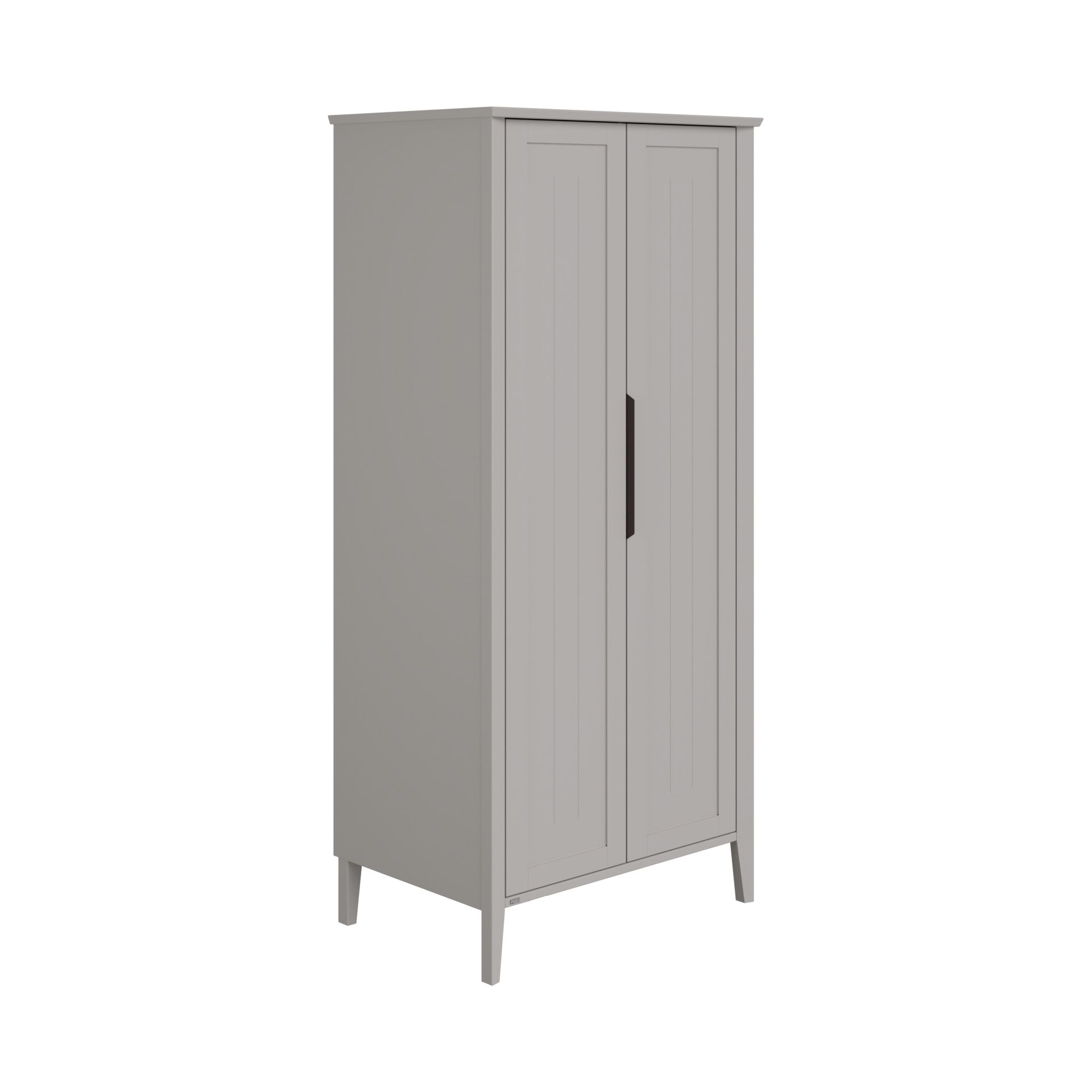 Tall, light gray cabinet with two doors and slim black handles.
