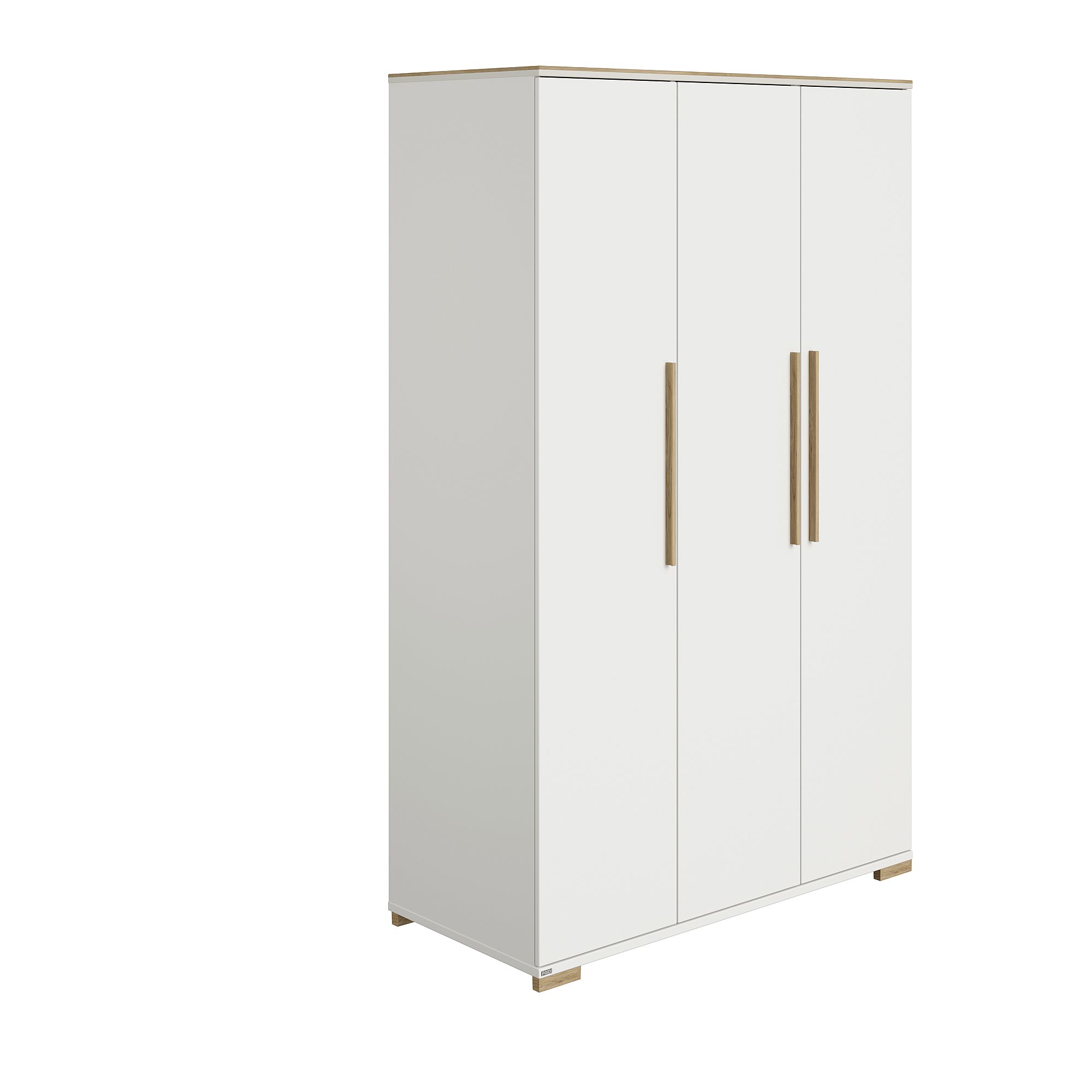 Weißer dreitüriger Kleiderschrank mit goldenen Griffen und Verzierungen vor einem schlichten Hintergrund.