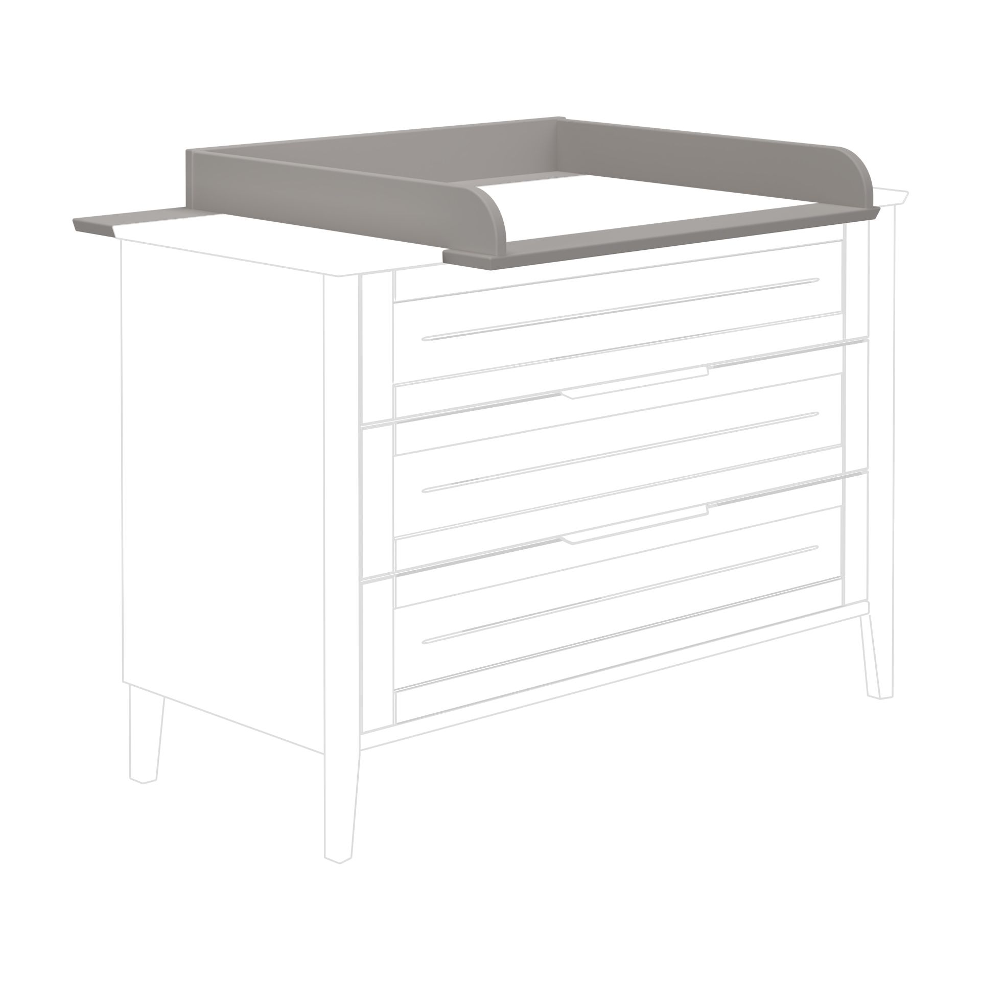 Gray changing tray placed on top of an outlined dresser with three drawers.
