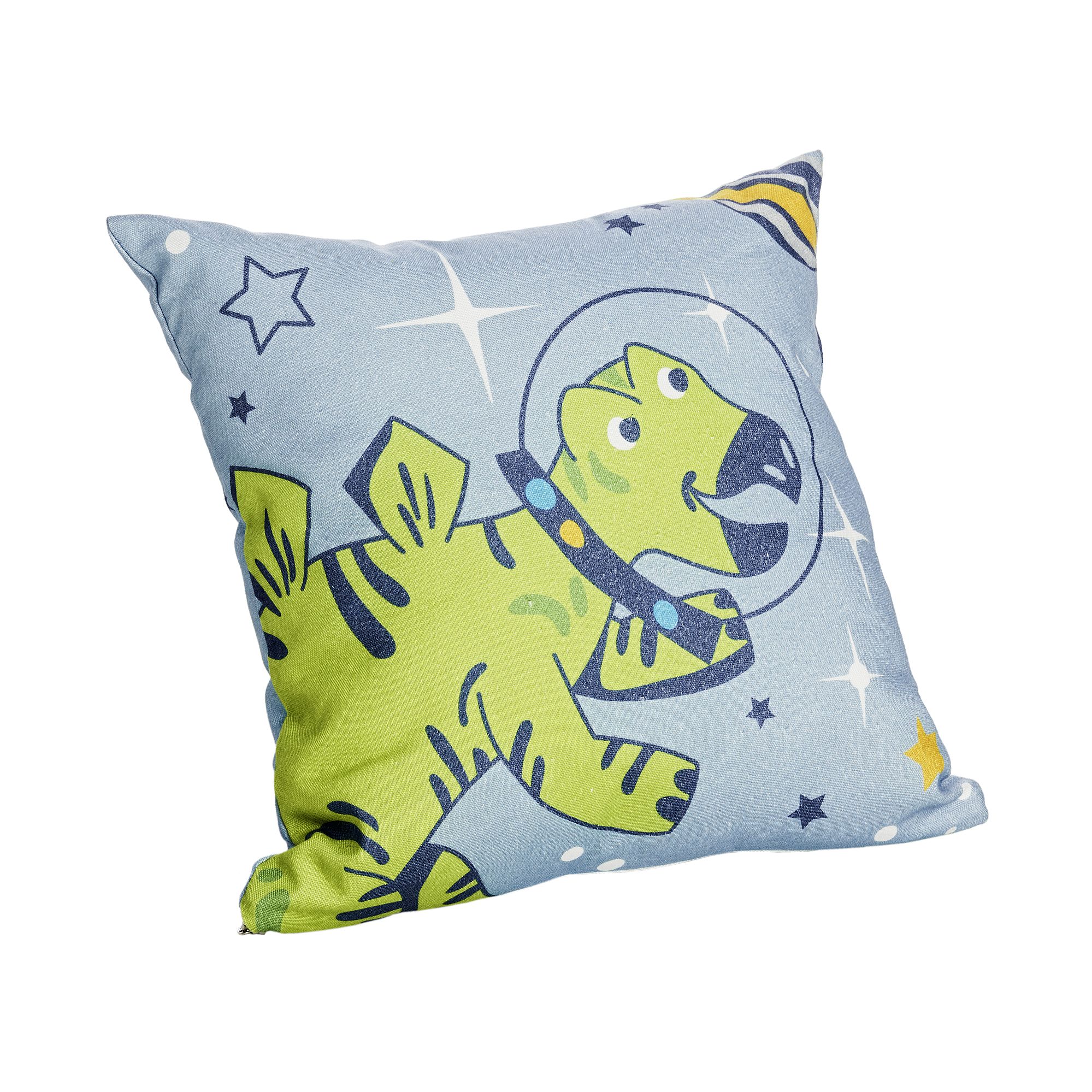 Partykissen Baumwolle, Motiv "Dinos im Weltall", 40 x 40 cm, Blauer Planet Blue pillow with a cartoon dinosaur in a space helmet and stars around it.