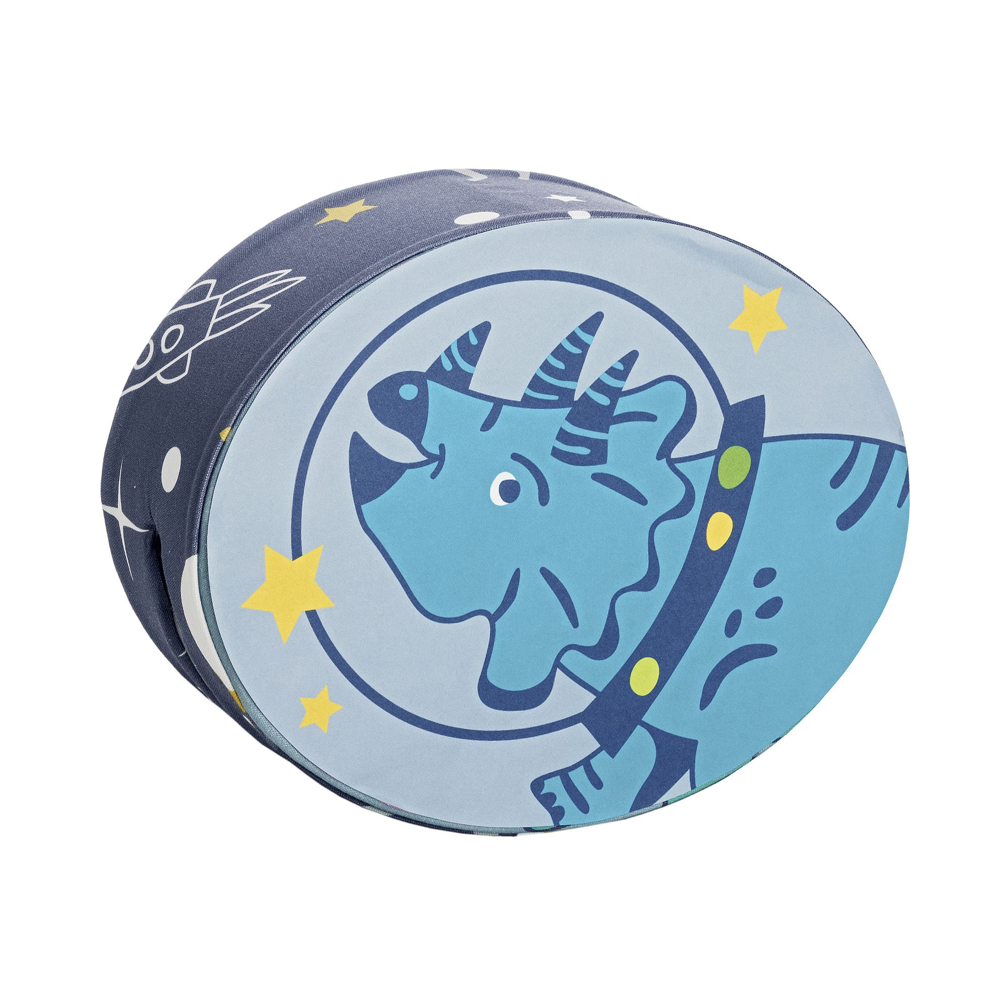 Steckkissen Baumwolle, Motiv "Dinos im Weltall", 35 x 28 x 12 cm, Grüner Planet Oval cushion with a blue dinosaur in a space helmet surrounded by stars.