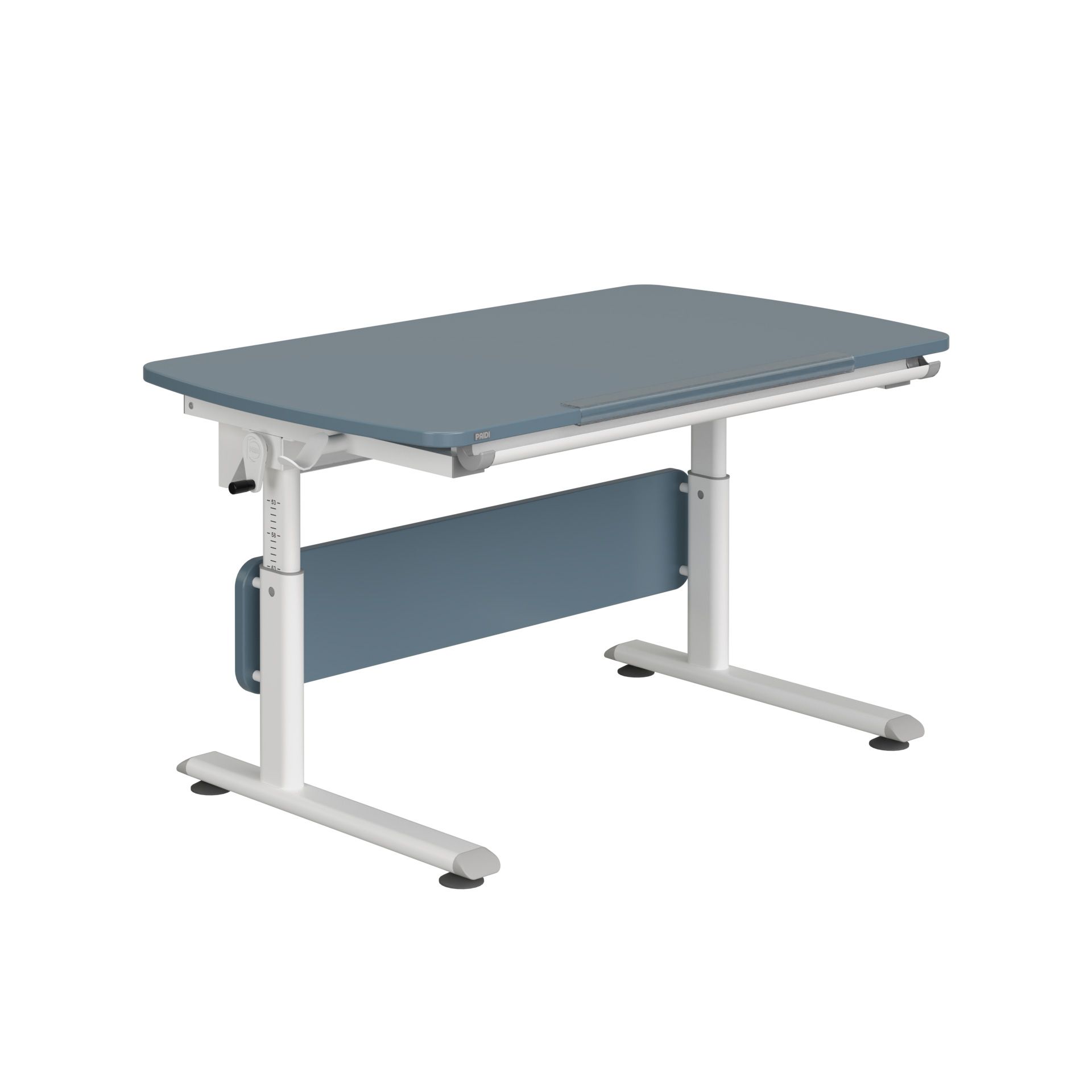 Blue and white adjustable desk with a flat top and sturdy metal legs.