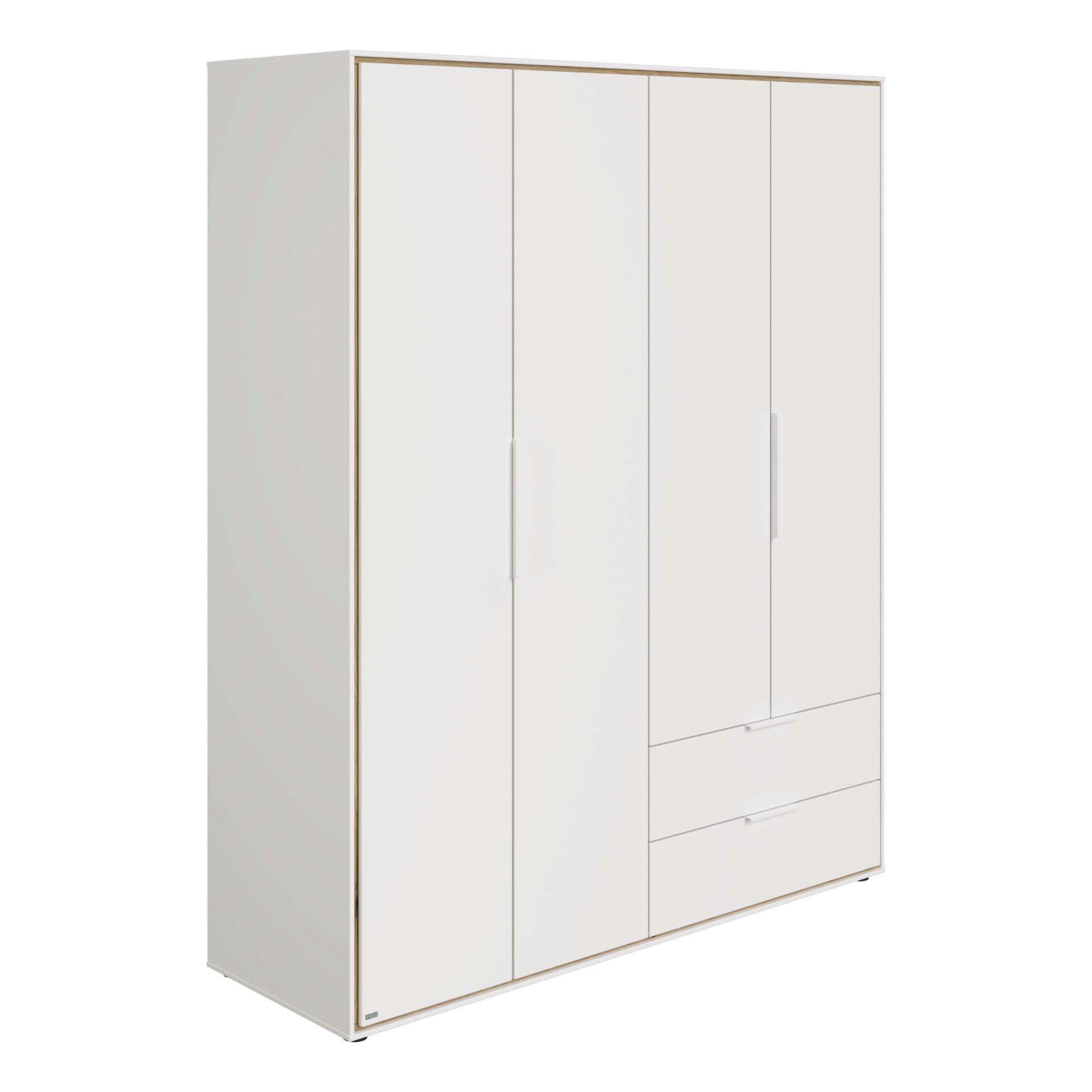 Weißer viertüriger Kleiderschrank mit zwei Schubladen unten rechts.