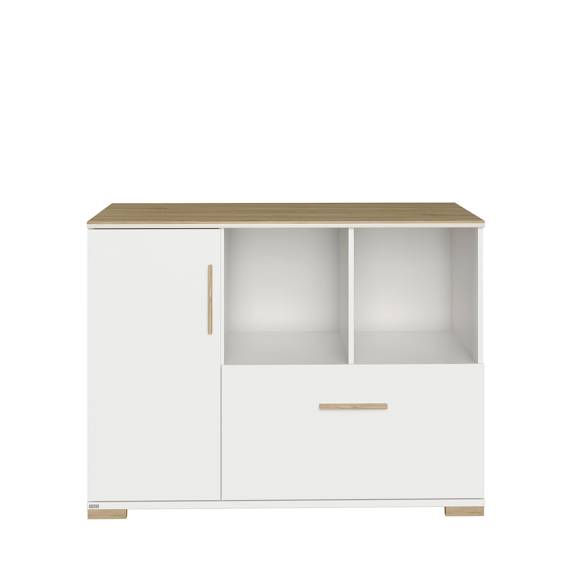 Weißer Schrank mit Holzplatte, Tür, zwei offenen Einlegeböden und einer Schublade.