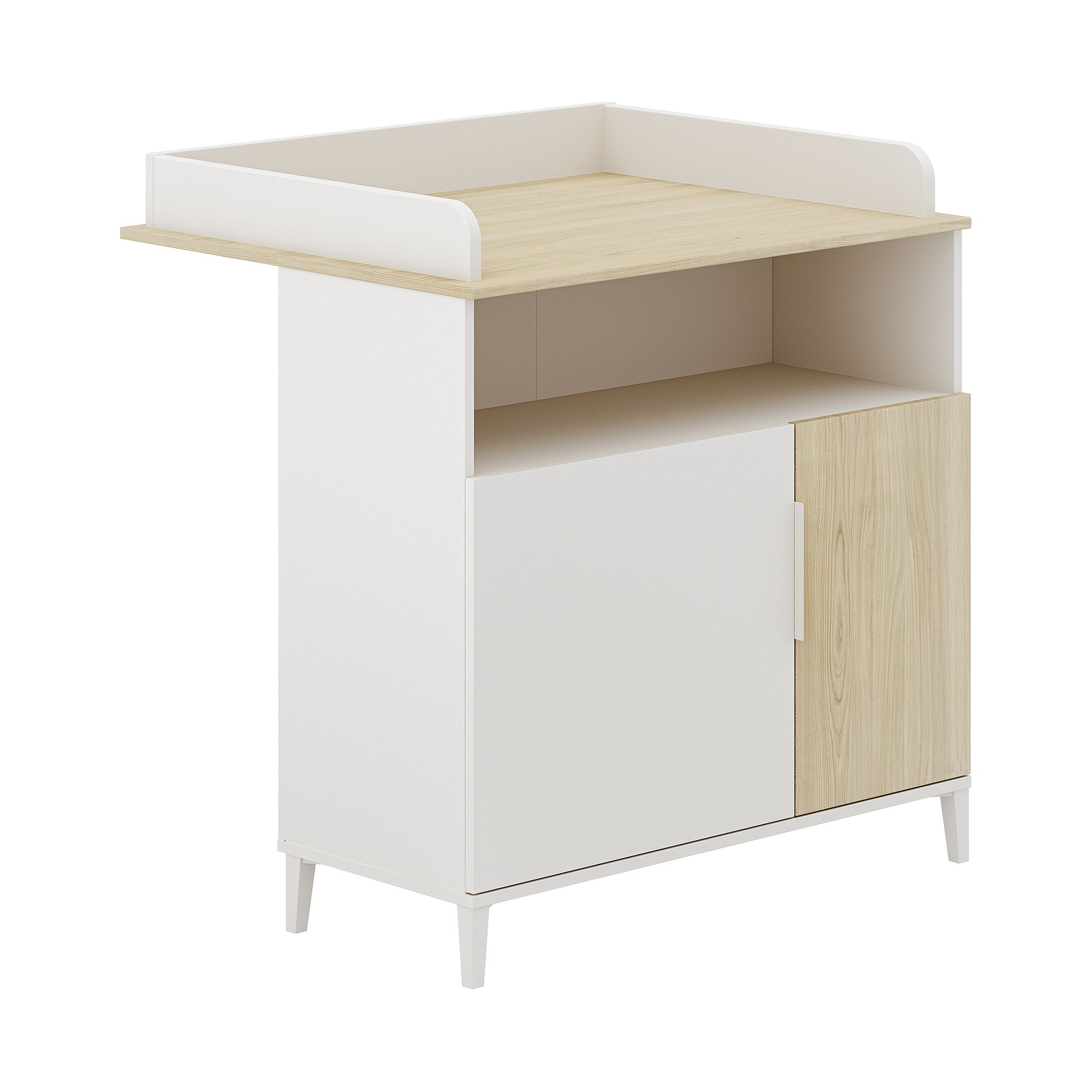 White and light wood changing table with a shelf and cabinet door.
