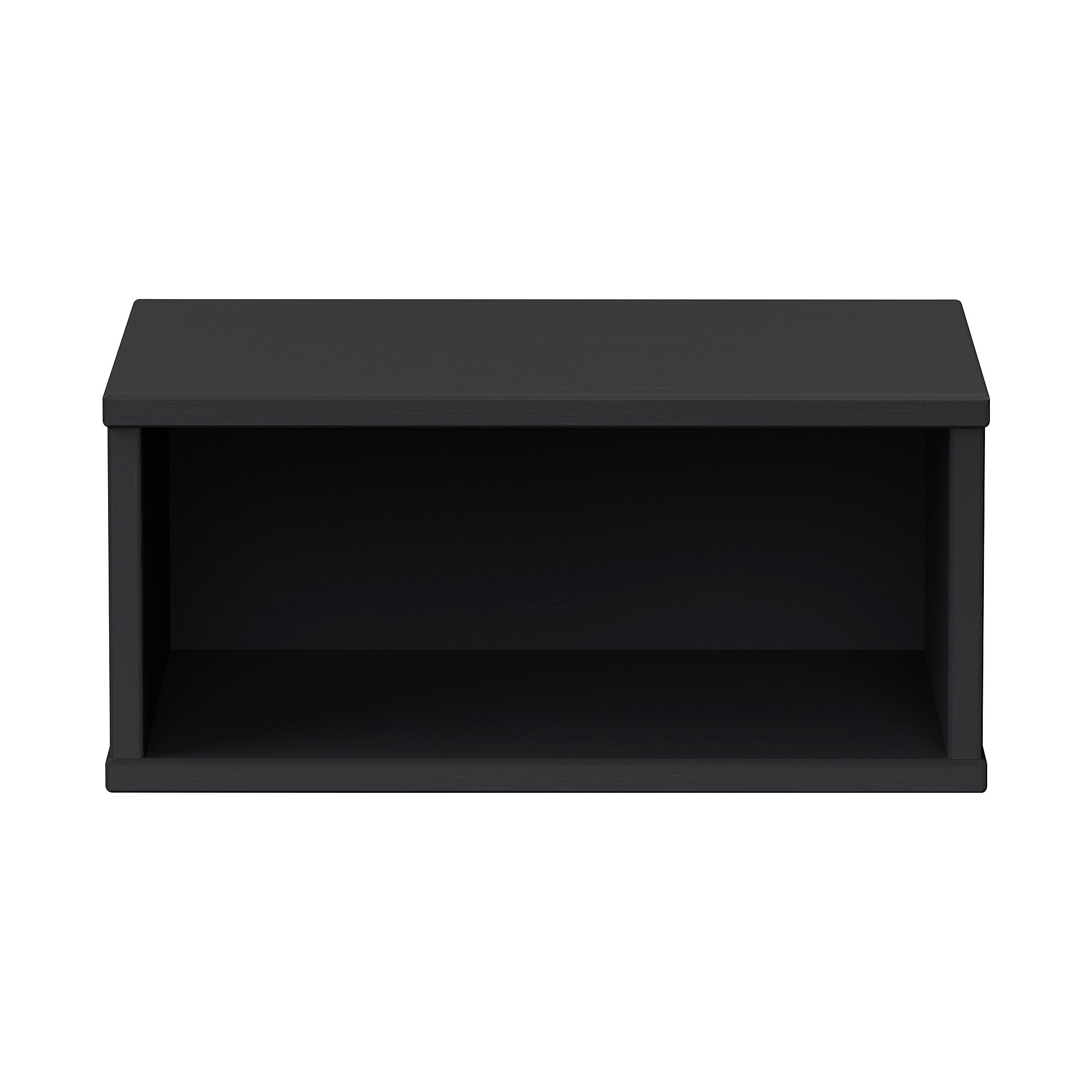Black rectangular open shelf unit, viewed from the front.
