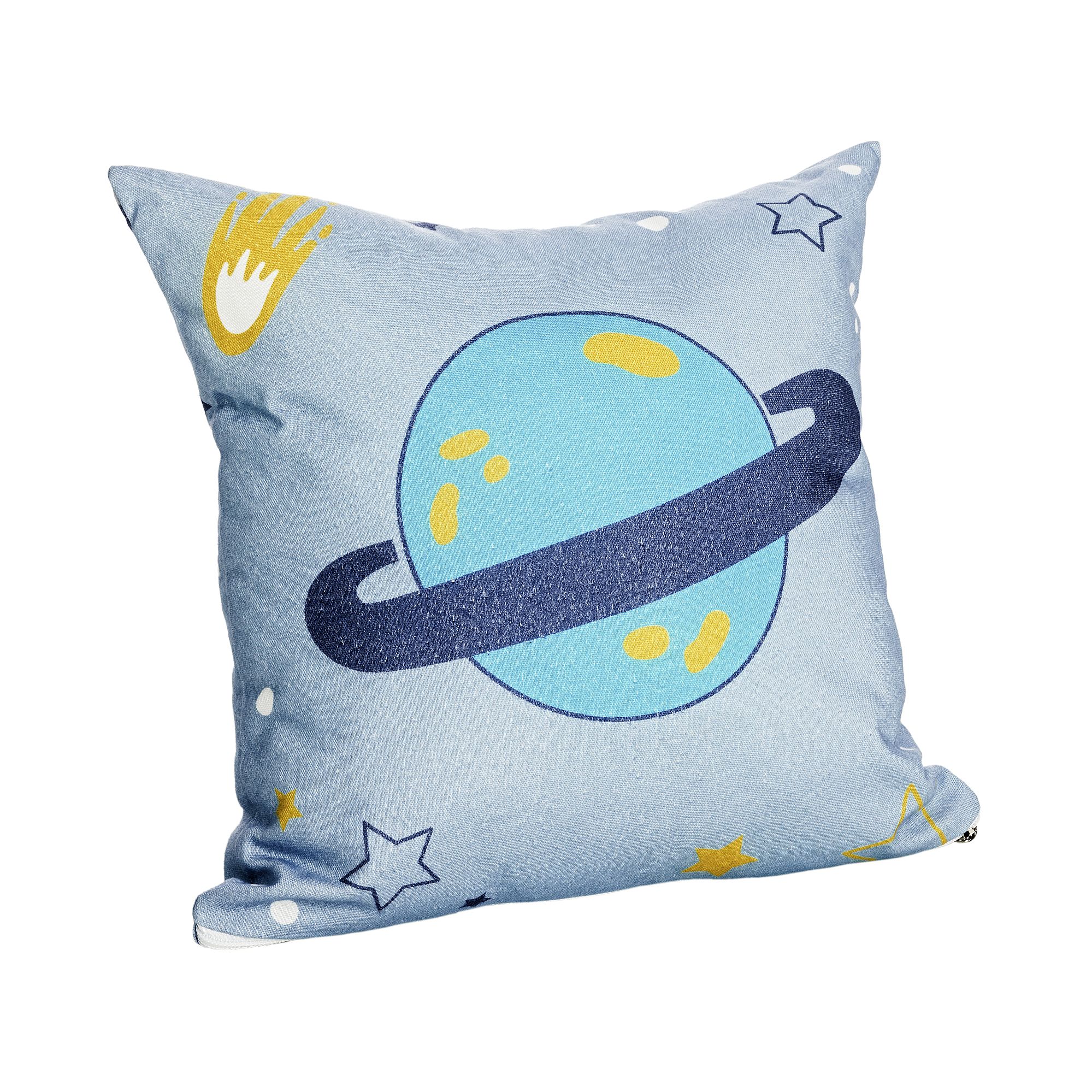 Partykissen Baumwolle, Motiv "Dinos im Weltall", 40 x 40 cm, Blauer Planet Light blue pillow with a Saturn-like planet, stars, and a yellow comet design.