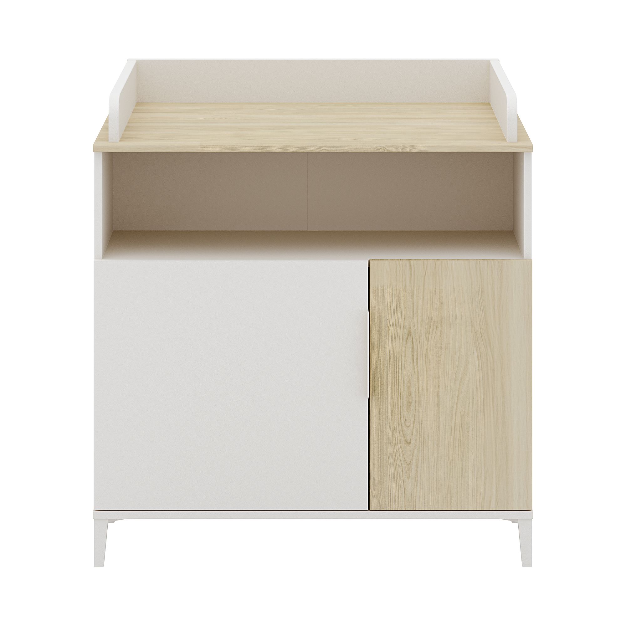 Modern wooden cabinet with two doors, open shelf, and flat top surface.