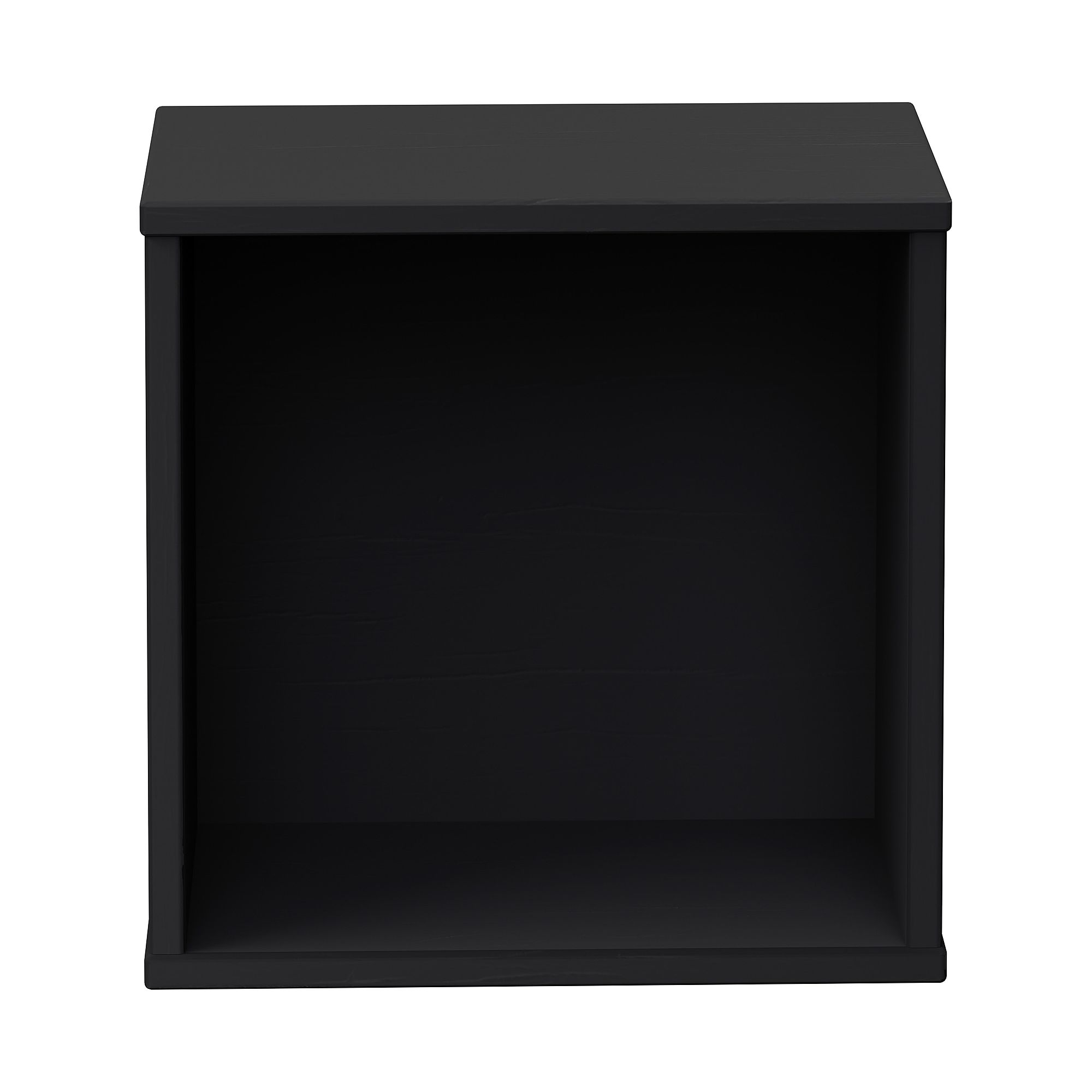 Black, empty, square storage cube shelf with an open front, seen from the front.