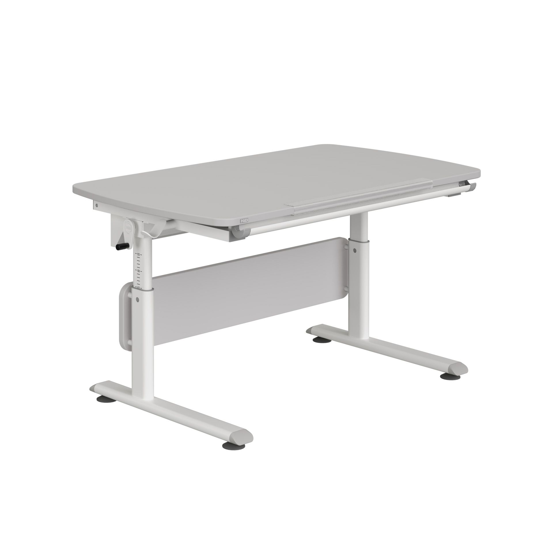 A modern, adjustable-height white desk with a flat top and sturdy legs.