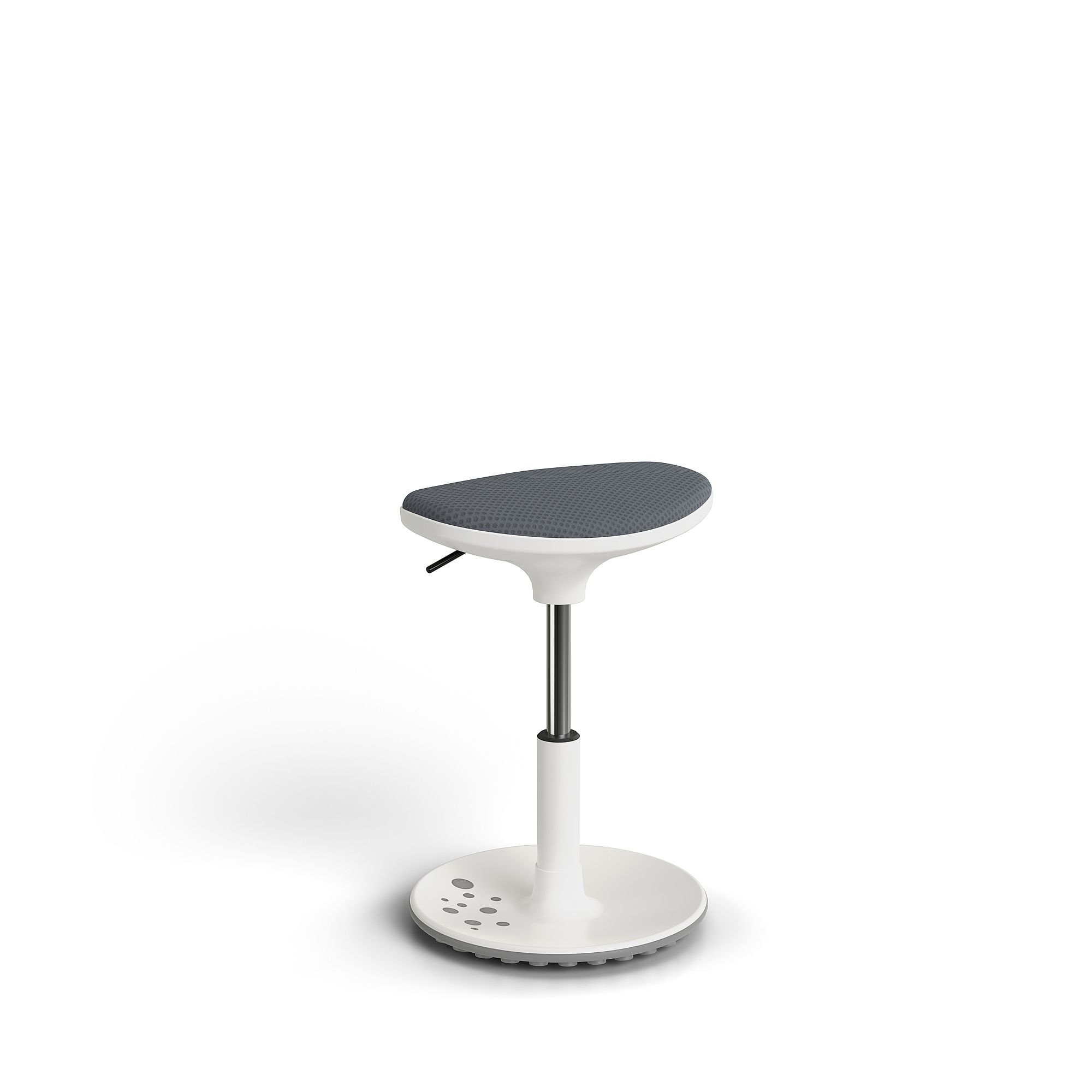 Ein moderner, weißer Hocker mit grauem, dreieckigem, gepolstertem Sitz und rundem Fuß.