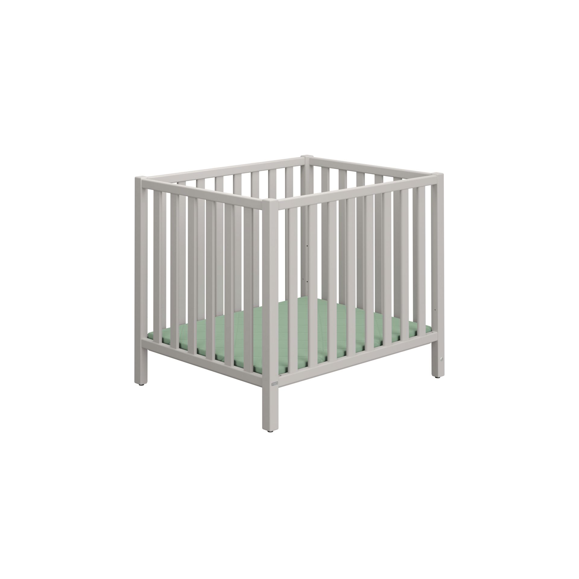 White baby playpen with vertical slats and a light green mattress inside.