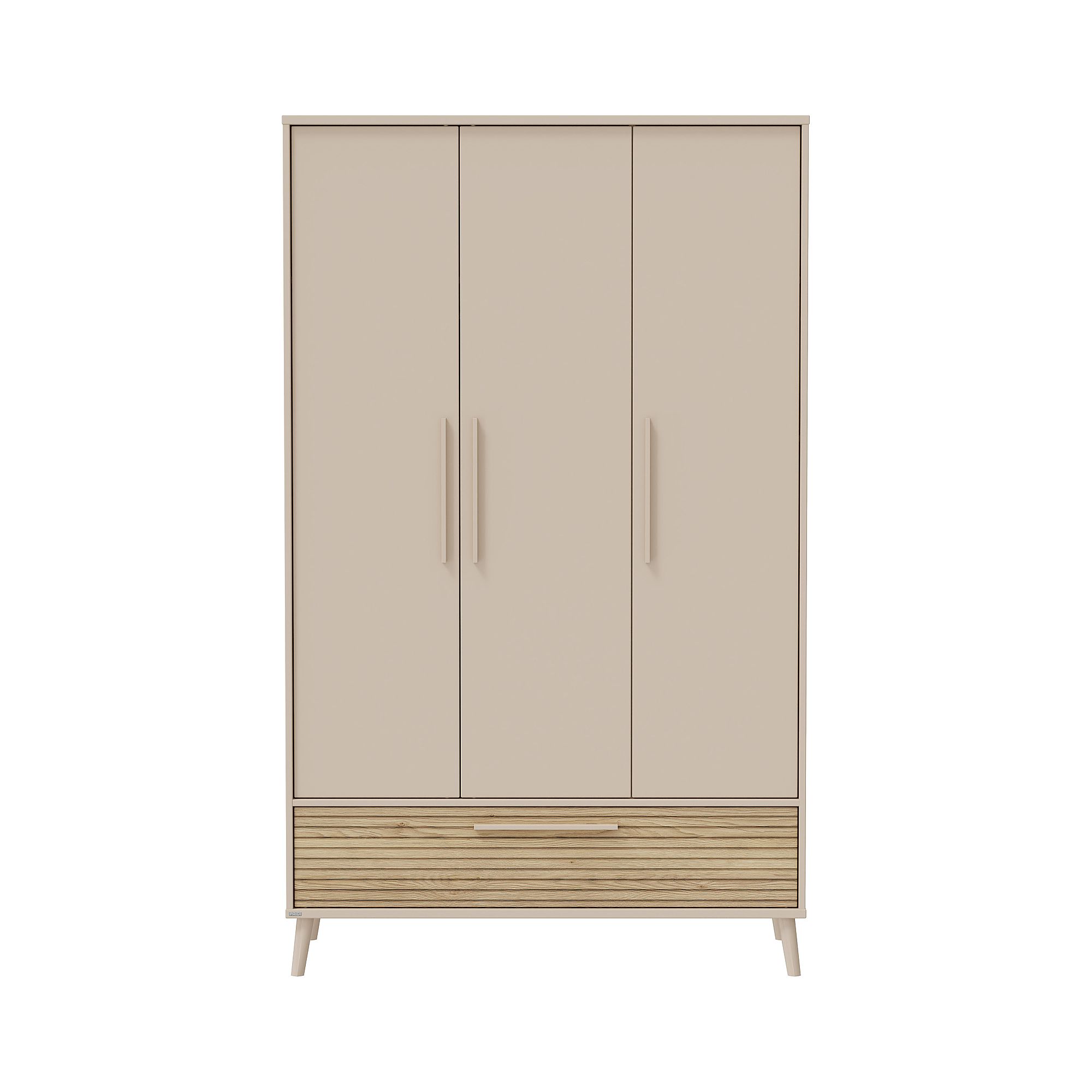 Ein beiger dreitüriger Kleiderschrank mit einer Holzschublade am Boden.