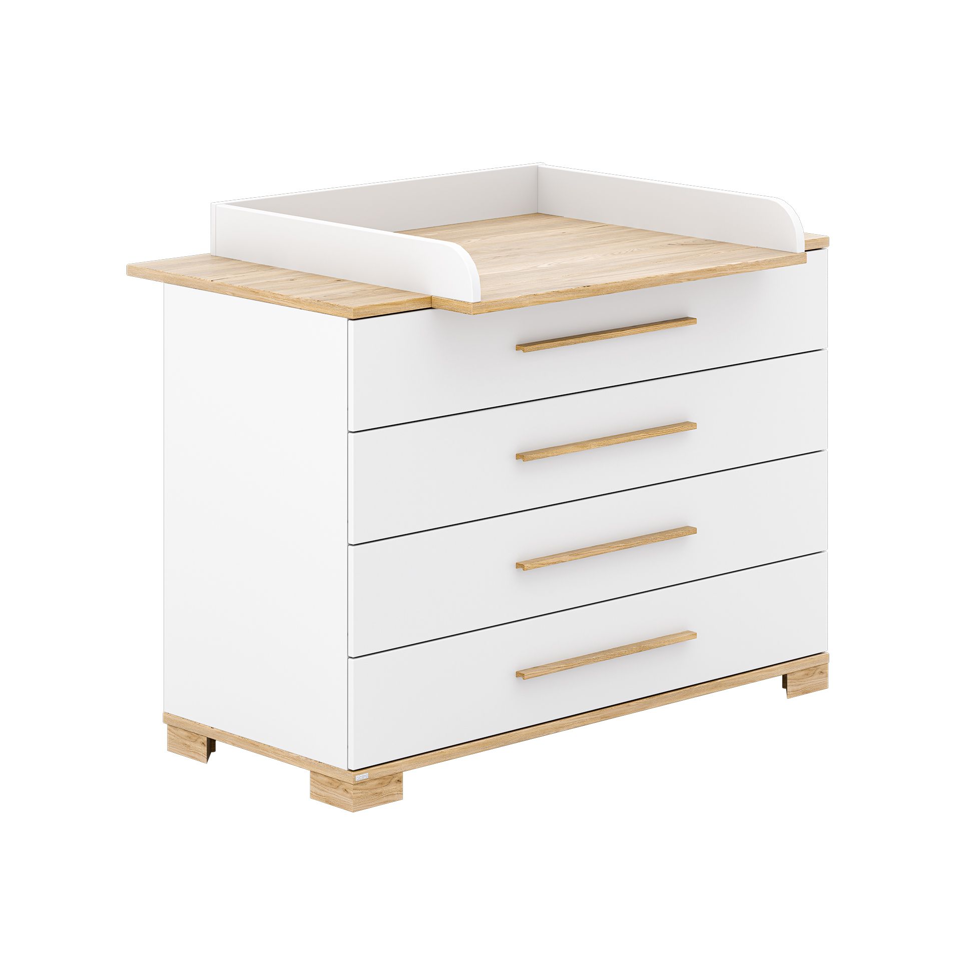 White dresser with four drawers and natural wood accents, topped with a changing tray.