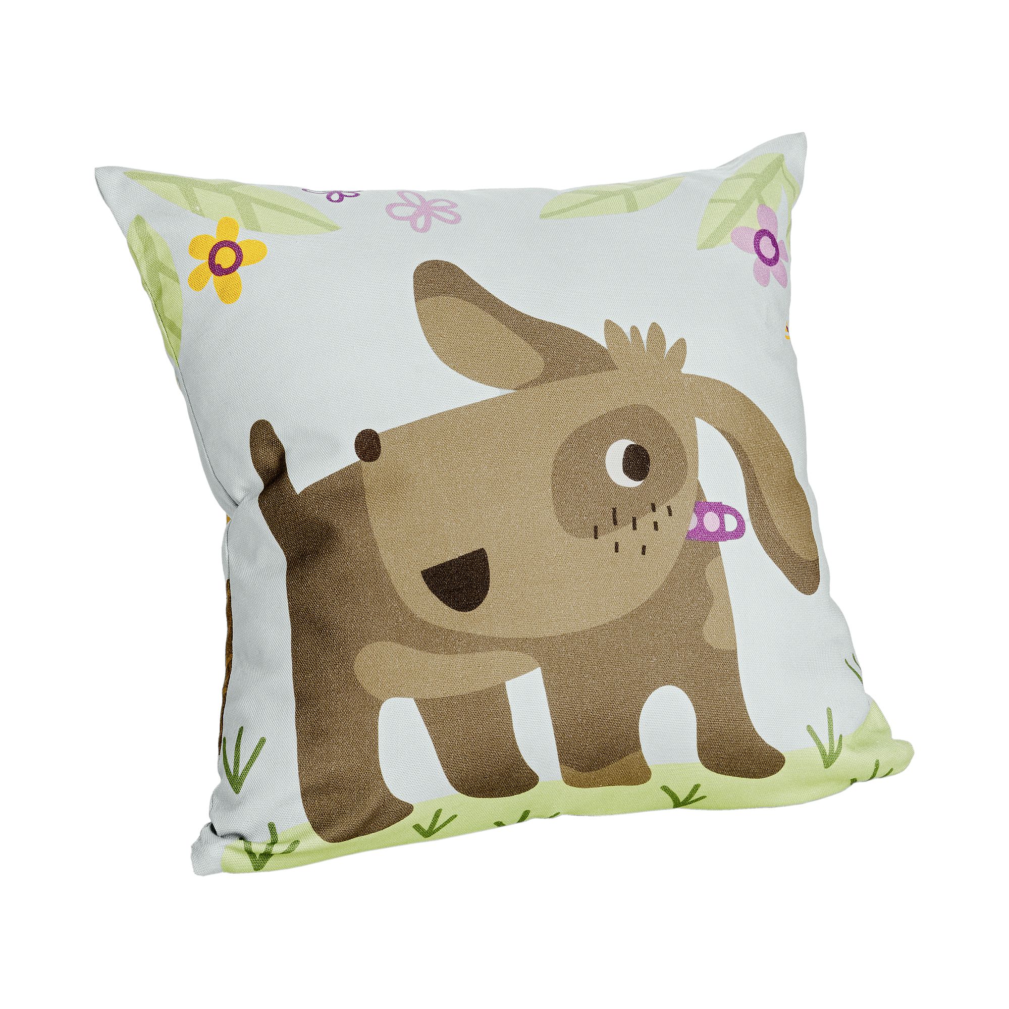 Partykissen Baumwolle, Motiv "Petersilienweg 8", 40 x 40 cm, Hund Rudi Square pillow with a cartoon dog and flowers on a light background.