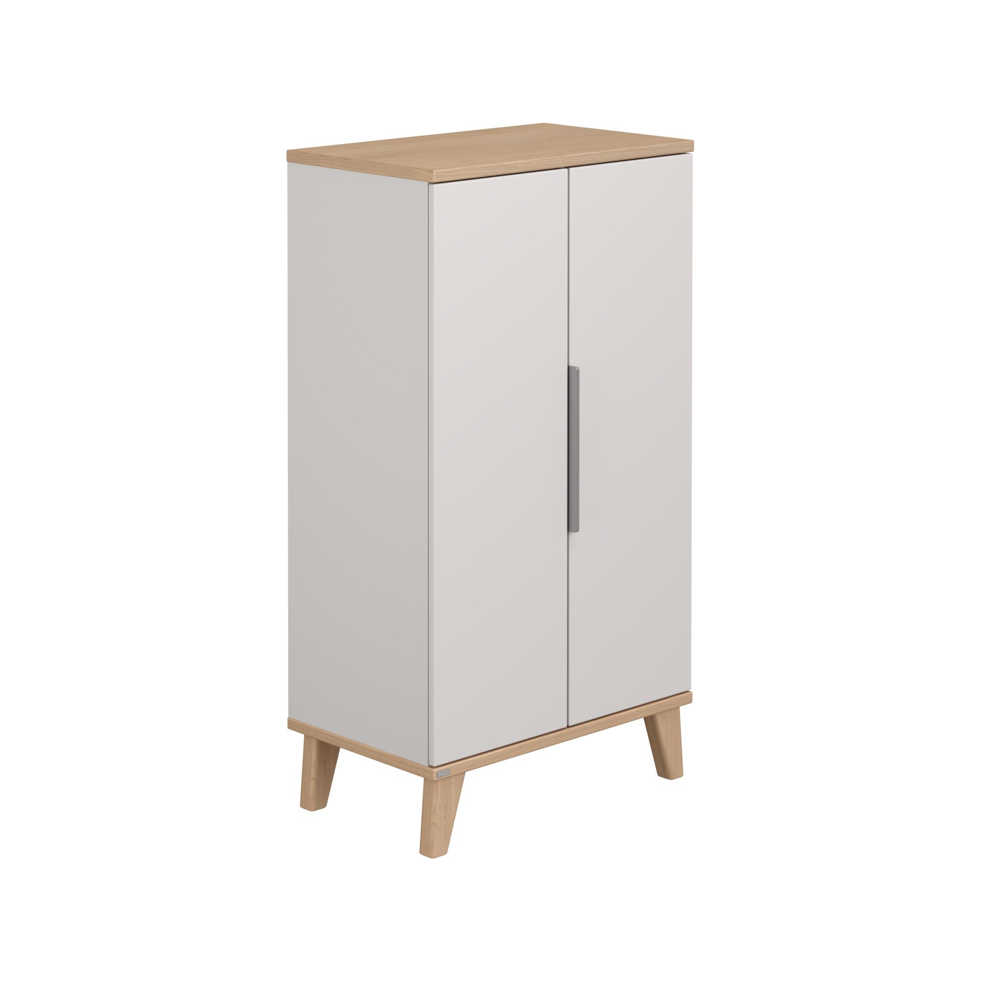 White and wood two-door cabinet with four legs on a white background.