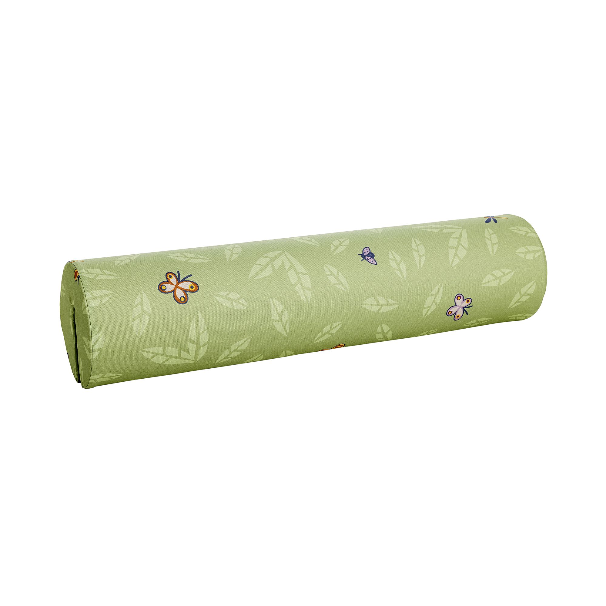 Comfort-Rolle Baumwolle, Motiv "Petersilienweg 8", 85,30 x Ø 20 cm Green cylindrical pillow with leaf and butterfly pattern on the fabric.